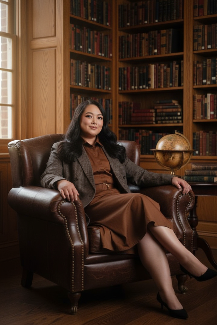 Portrait of a woman with shoulder-length black hair, wearing a gray blazer and black top, sitting against a dark background.