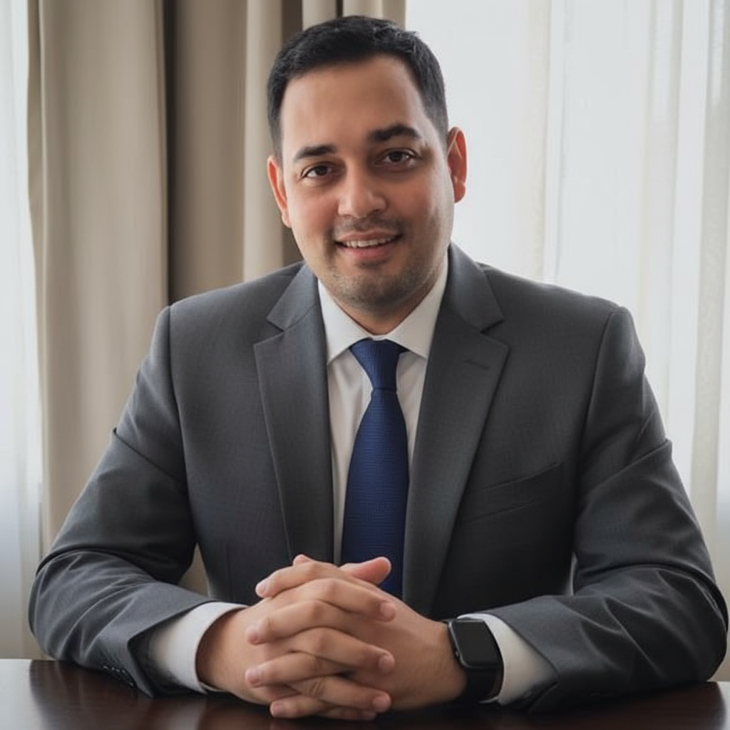 A man in a suit sitting at a desk, smiling, with hands clasped, in a bright room with large windows and curtains in the background.