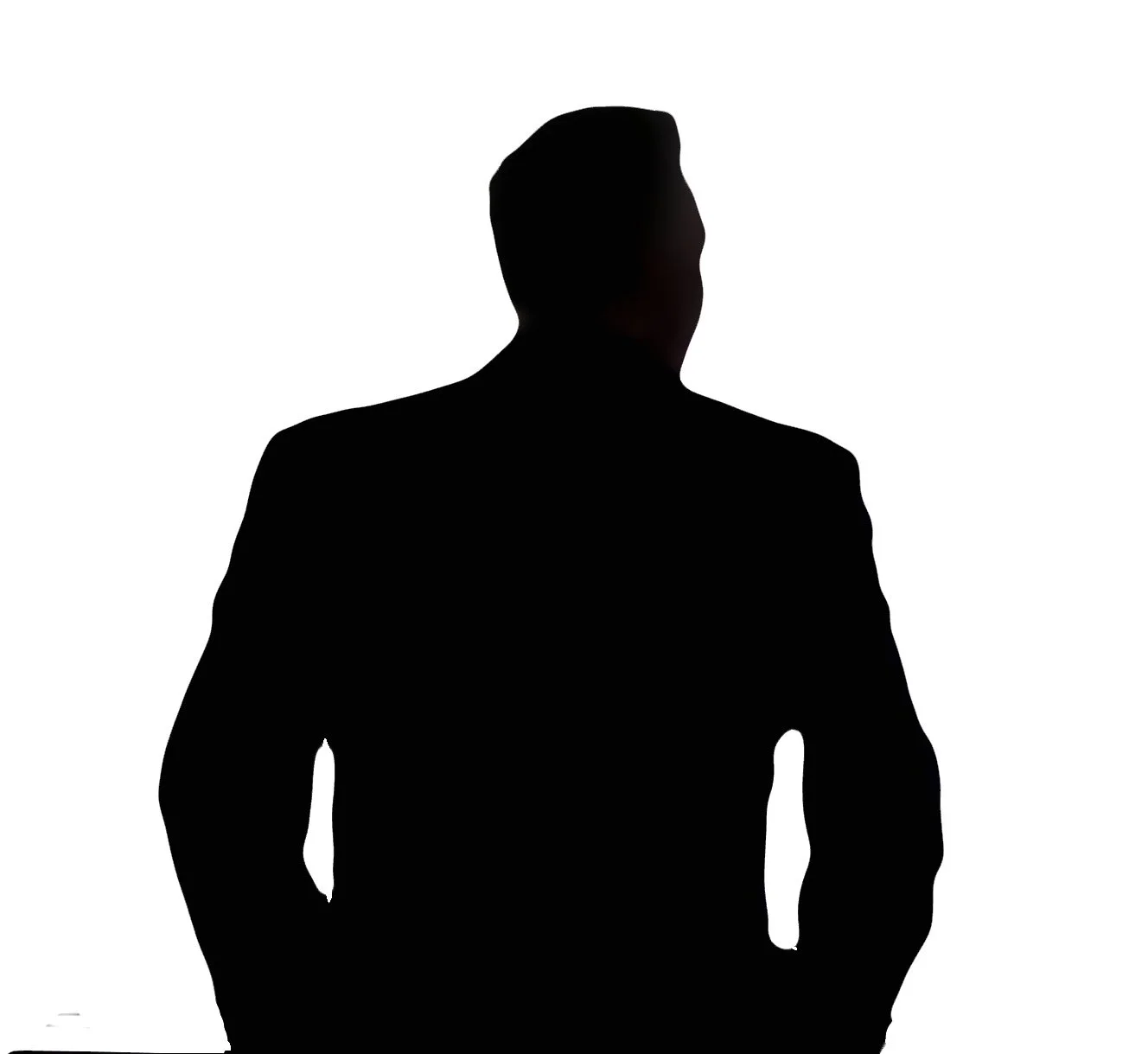 Silhouette of a man in a suit with hands in his pockets, facing sideways, against a white background.