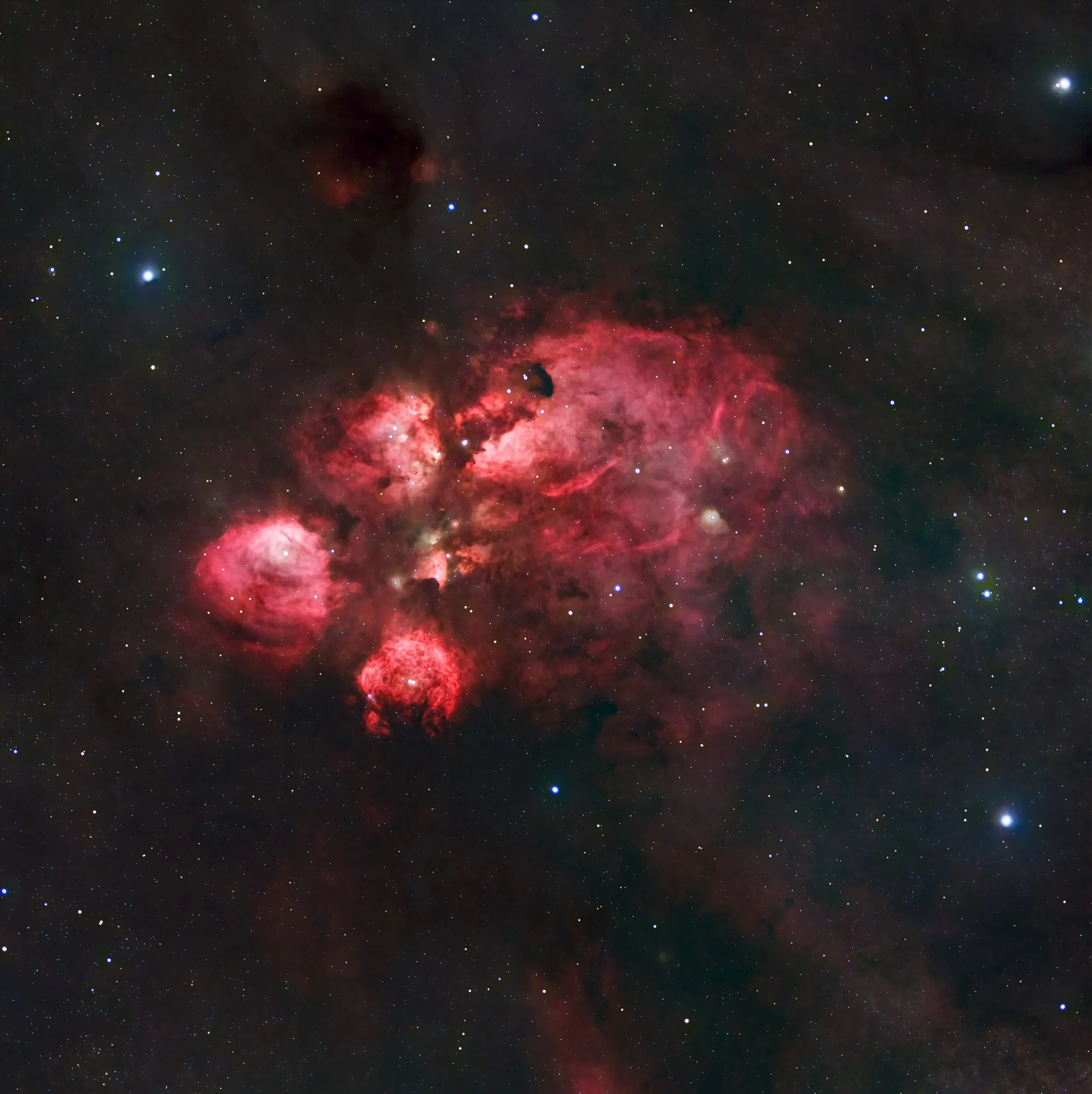Deep space image of the Cats Paw Nebula showing pink and red glowing gas clouds, dark dust lanes, and stars in the background.