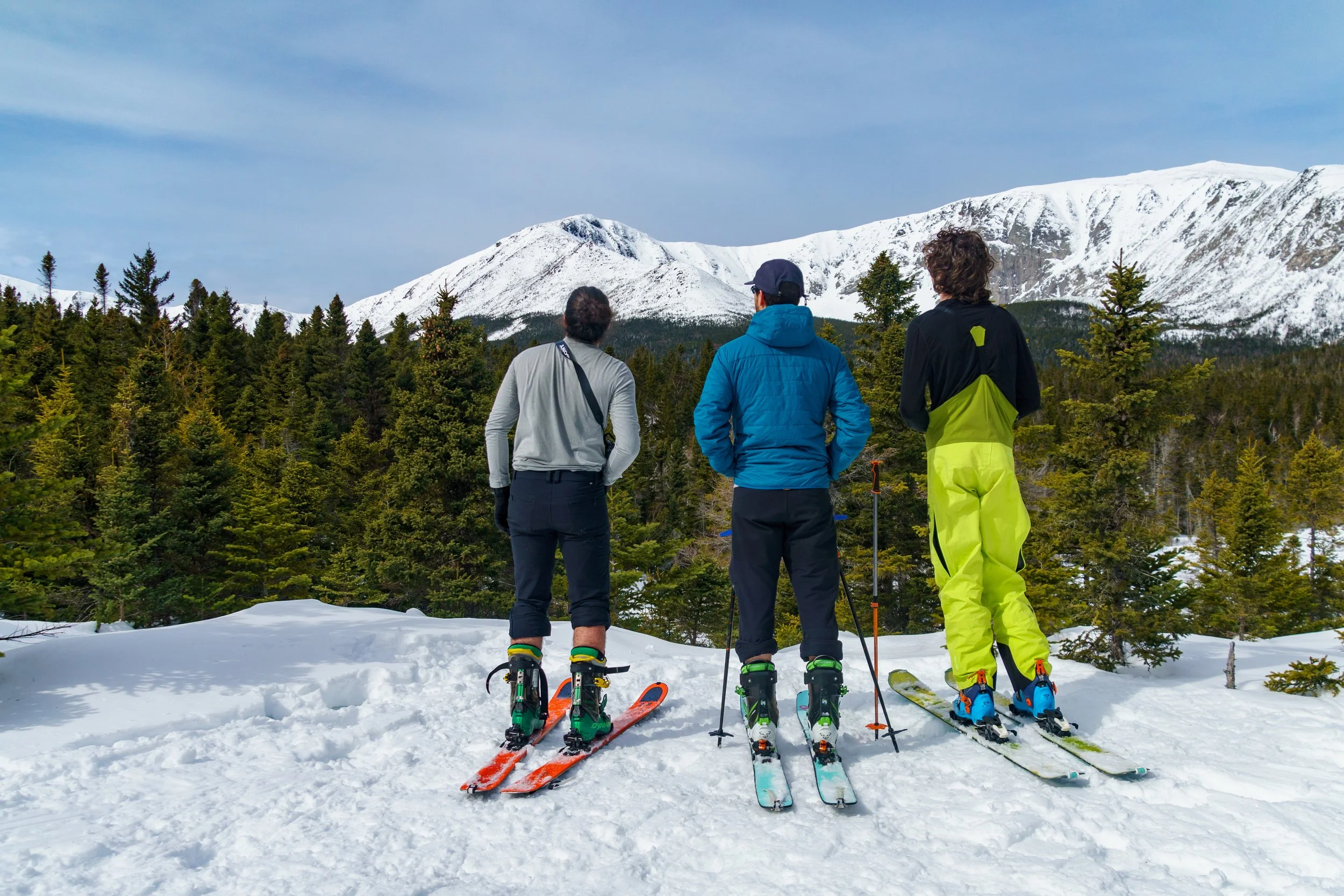 Three people in winter gear with skis and poles standing on snow-covered ground, looking at snow-capped mountains and evergreen trees in a mountainous landscape.