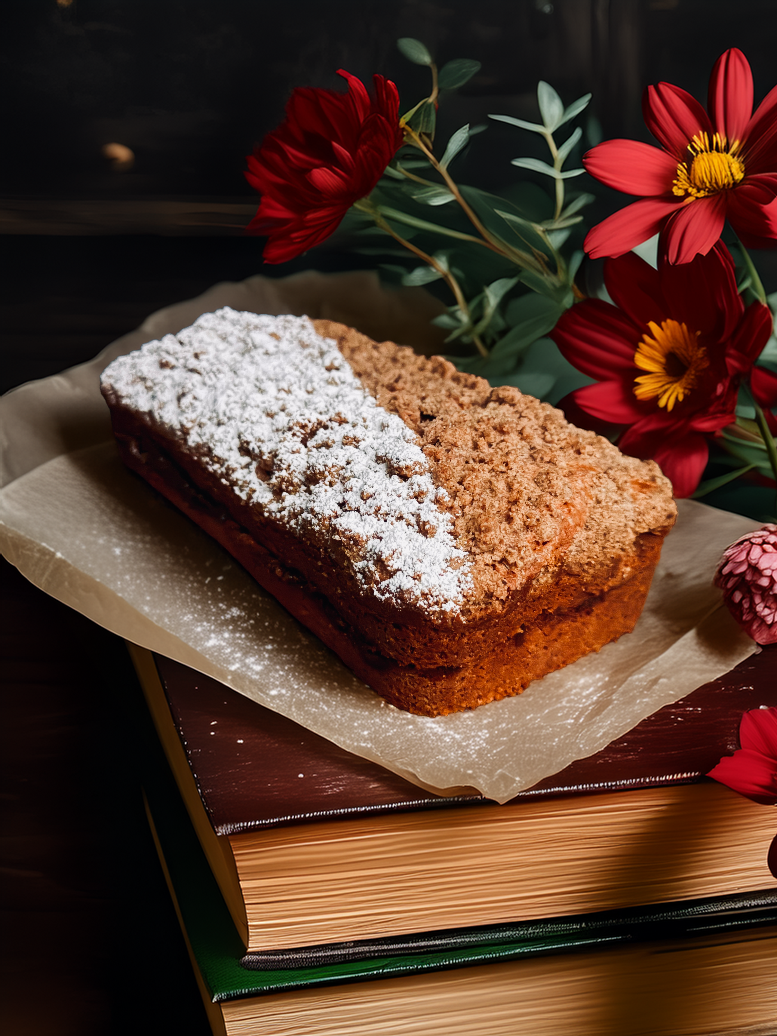 A loaf of bread dusted with powdered sugar and a crumbly cake with a rough surface, placed on a sheet of parchment paper, with red flowers in the background.