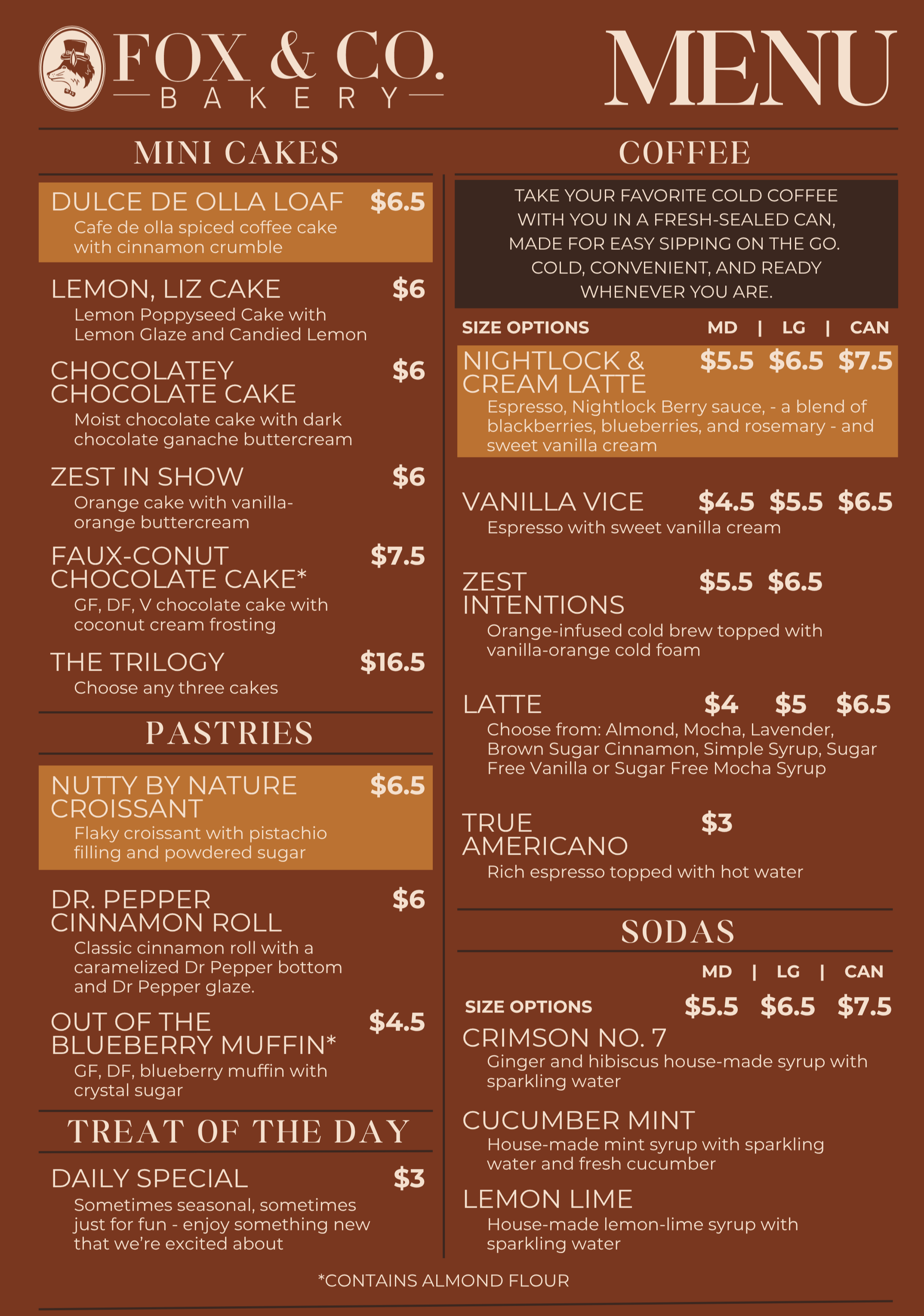 Menu from Fox & Co. Bakery featuring mini cakes, coffee drinks, pastries, and sodas with various prices.