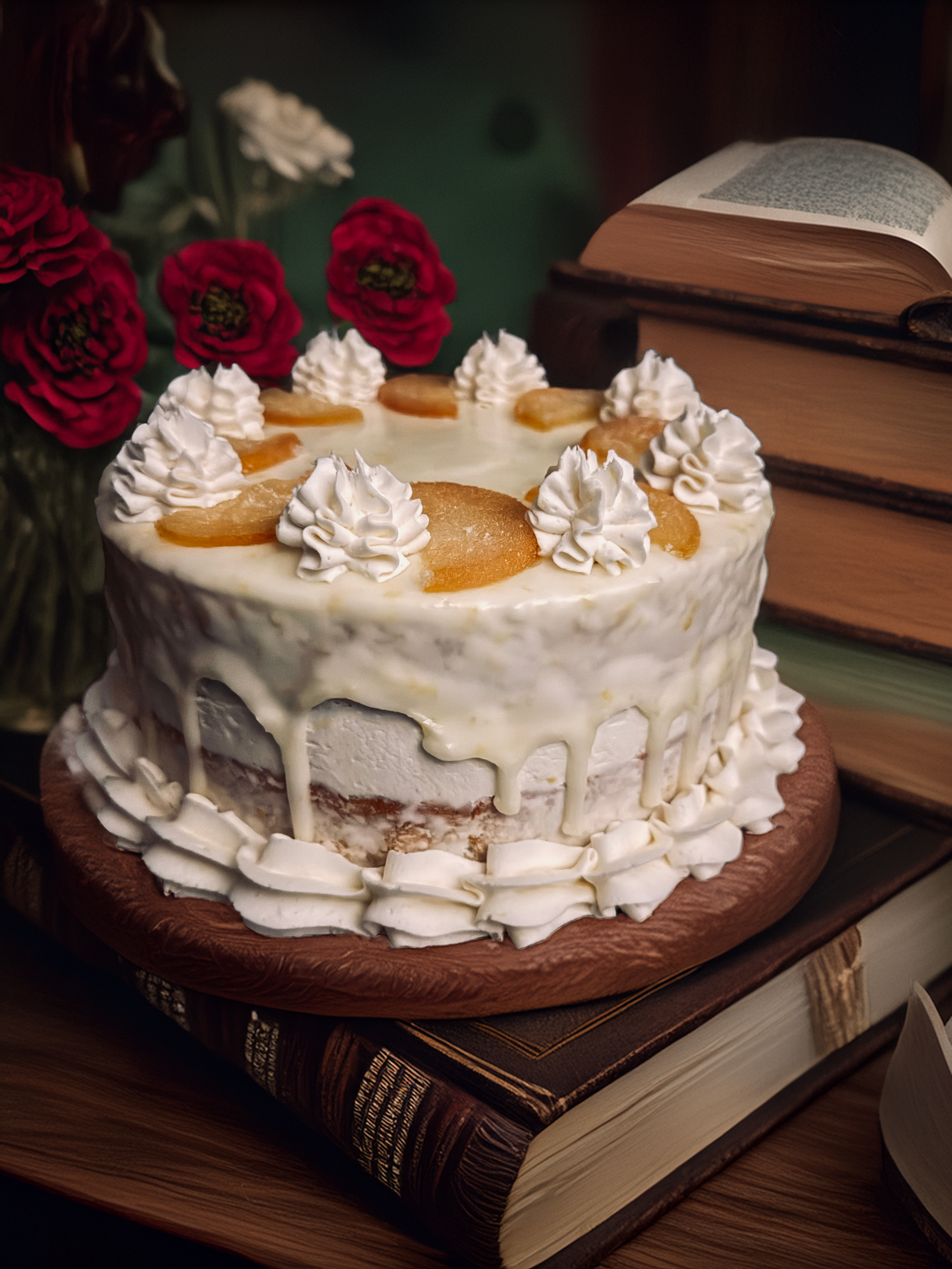 A white frosted cake decorated with whipped cream and peach slices, placed on a wooden board, with a background of red and white flowers and stacked old books.