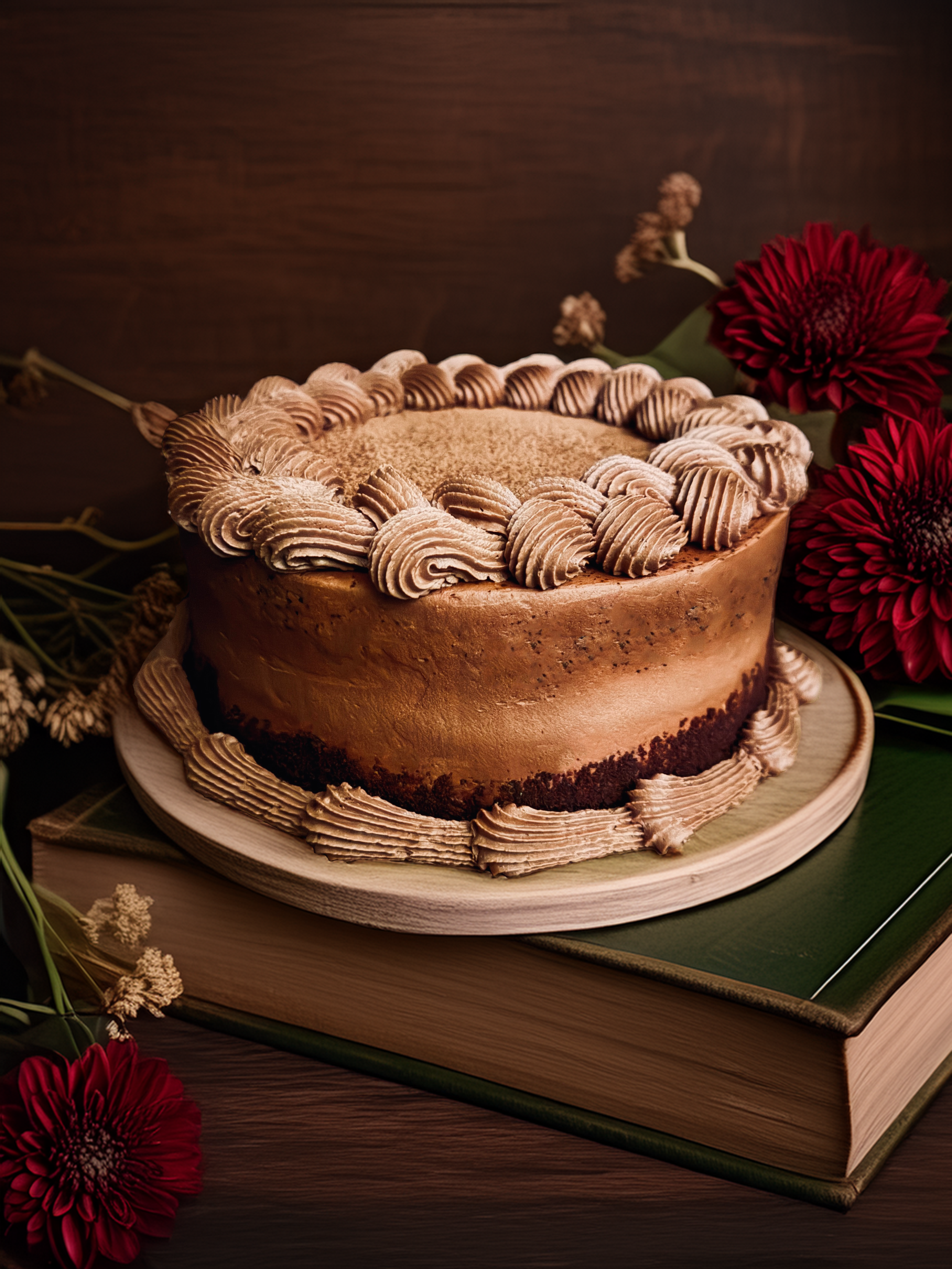 A chocolate cake decorated with piped chocolate frosting rosettes around the top edge, placed on a wooden cake stand. The cake is surrounded by red flowers and dried greenery with a dark brown background.