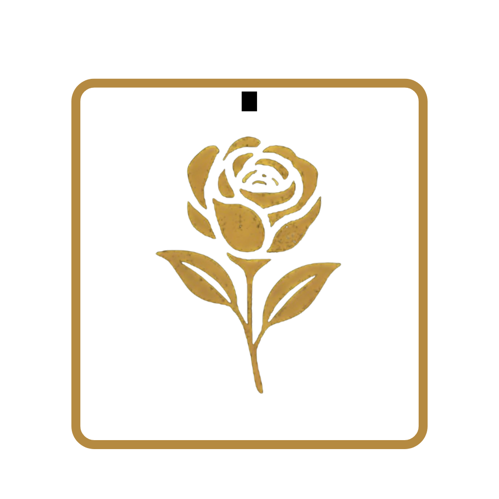 Gold rose illustration on black background with gold border.