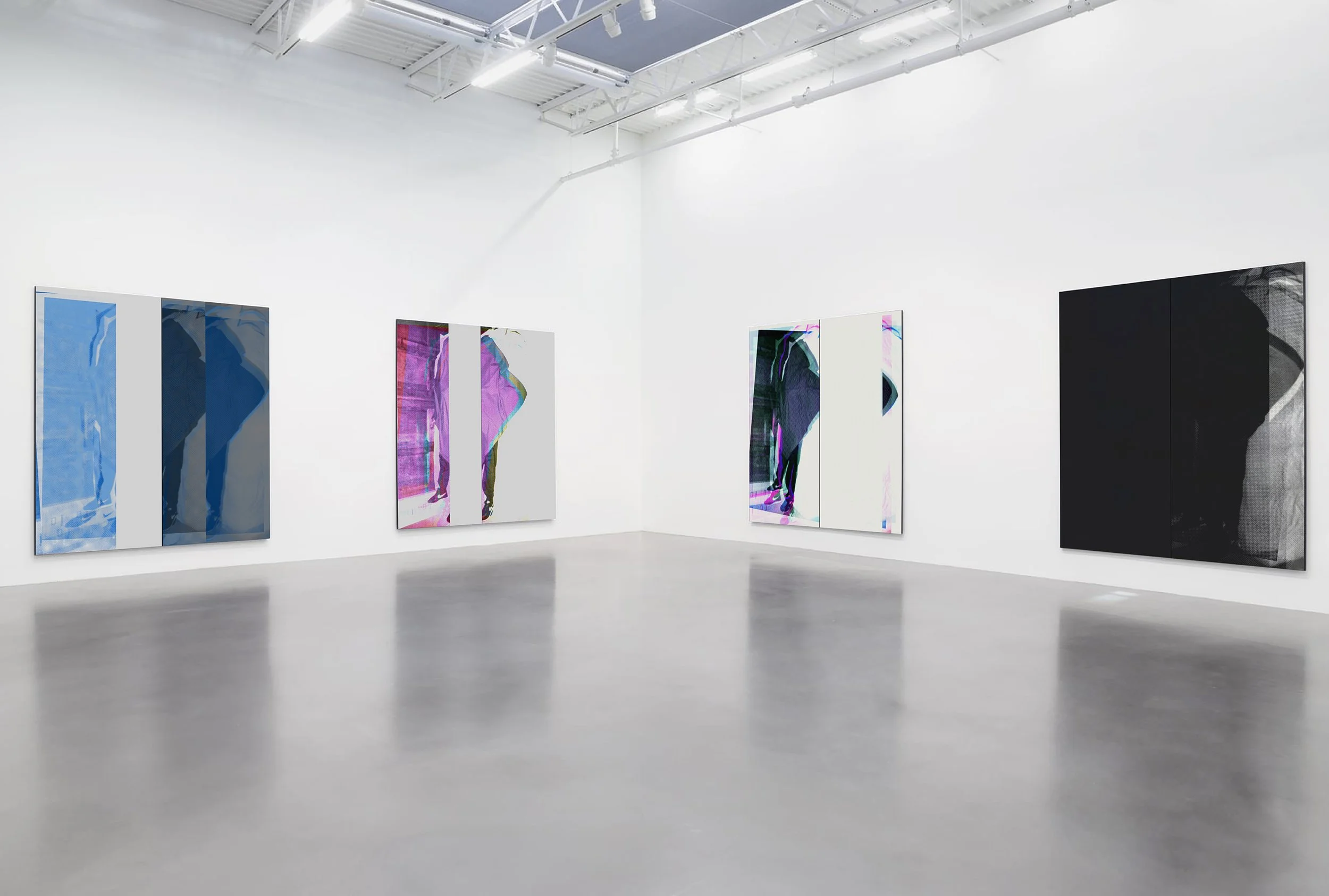 Contemporary art gallery with four large abstract paintings on white walls, featuring vibrant colors and minimalist designs, with a grey polished concrete floor and high white ceiling with track lighting.
