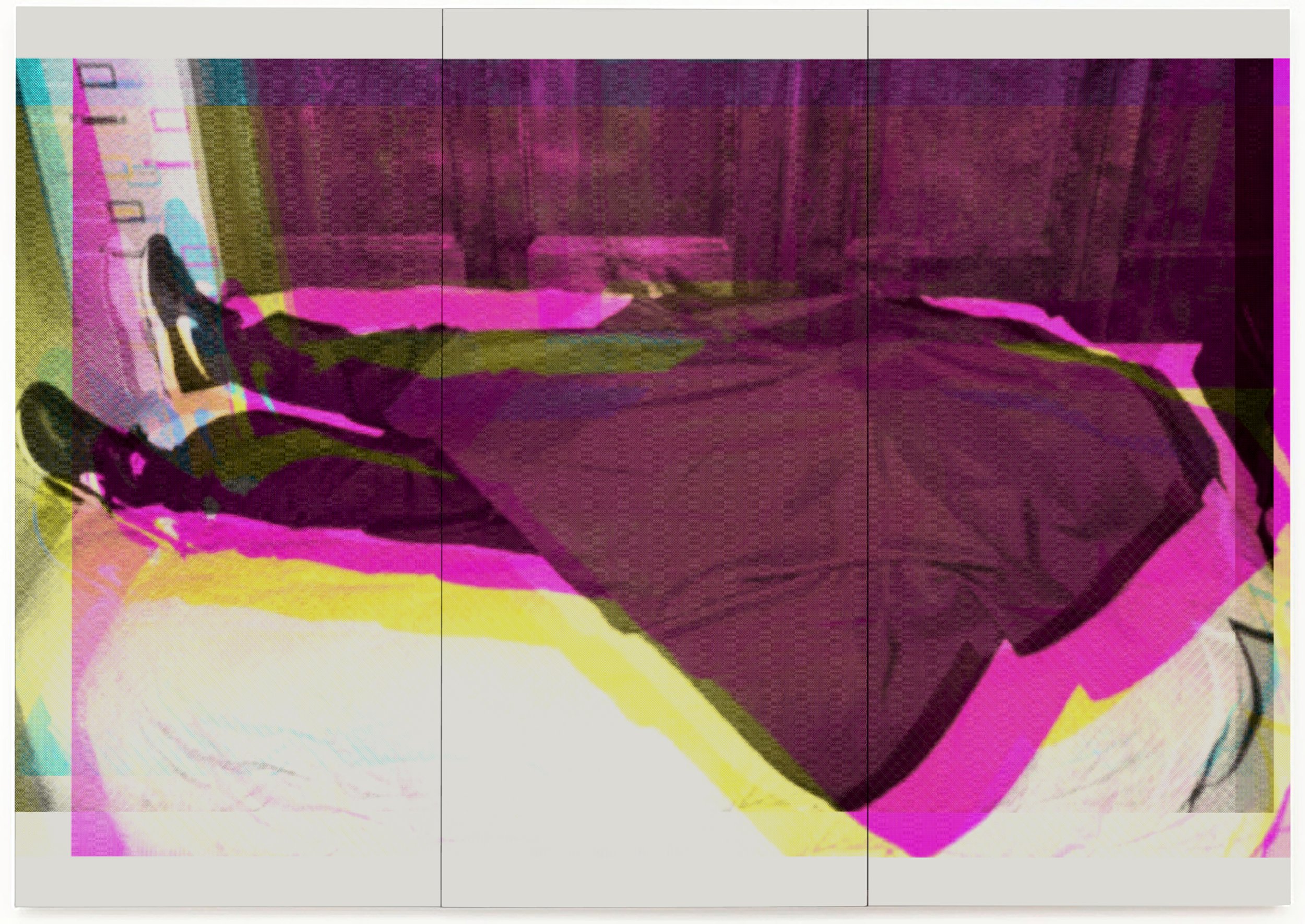 A bed with dark bedding and pillows, in a room with dark wood furniture and curtains.