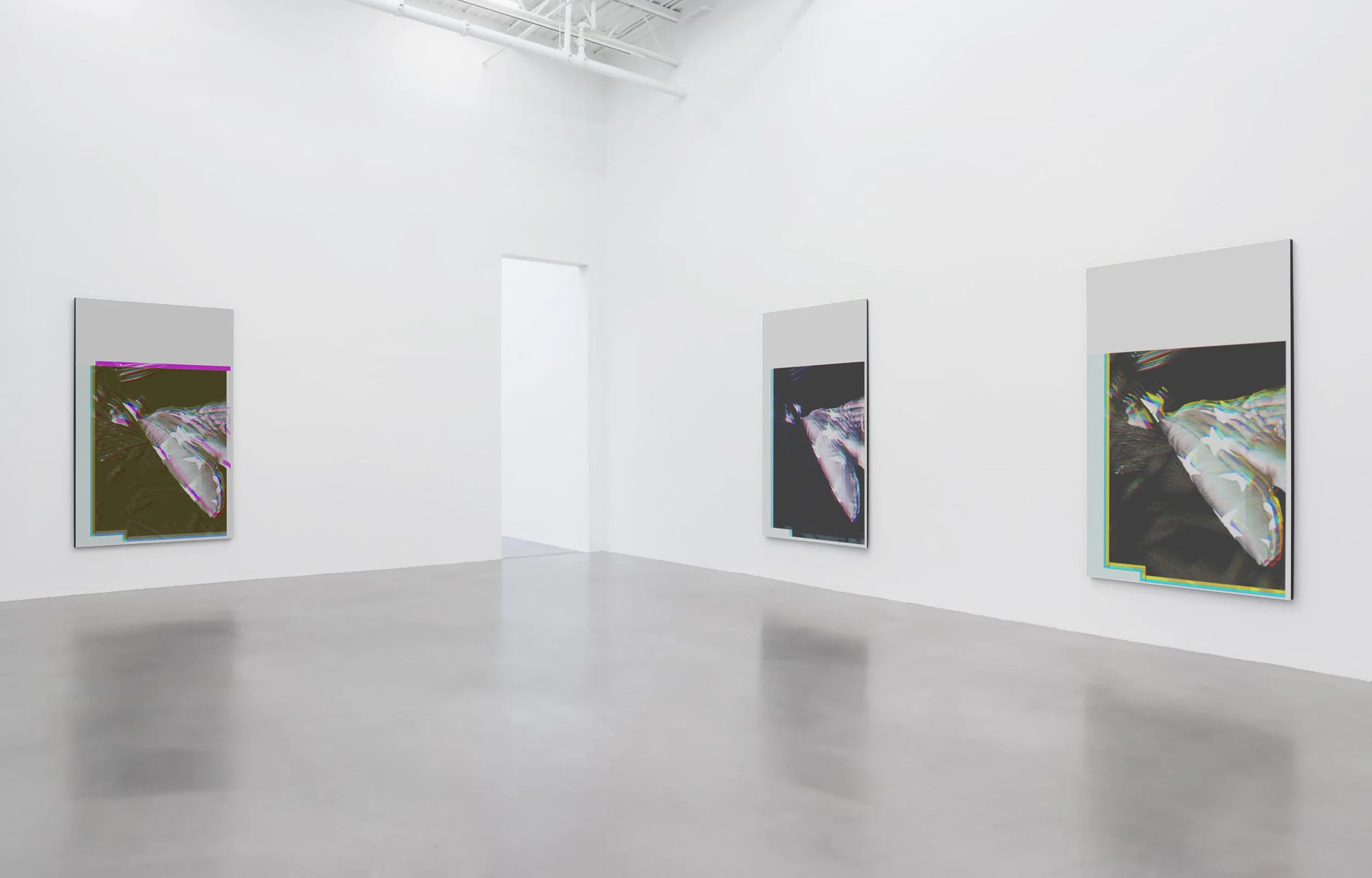 Modern art gallery with white walls and three abstract digital artworks displayed on the walls, characterized by glitch effects and colorful distortions.