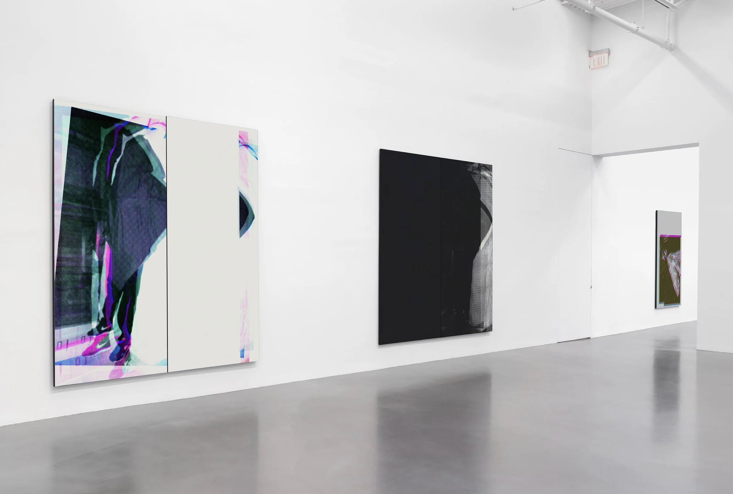 Contemporary art gallery with white walls and gray floor. Three abstract artworks are hung on the wall, with the left piece being a digital glitch-style image, the middle a black and gray textured piece, and the right a smaller colorful abstract pain