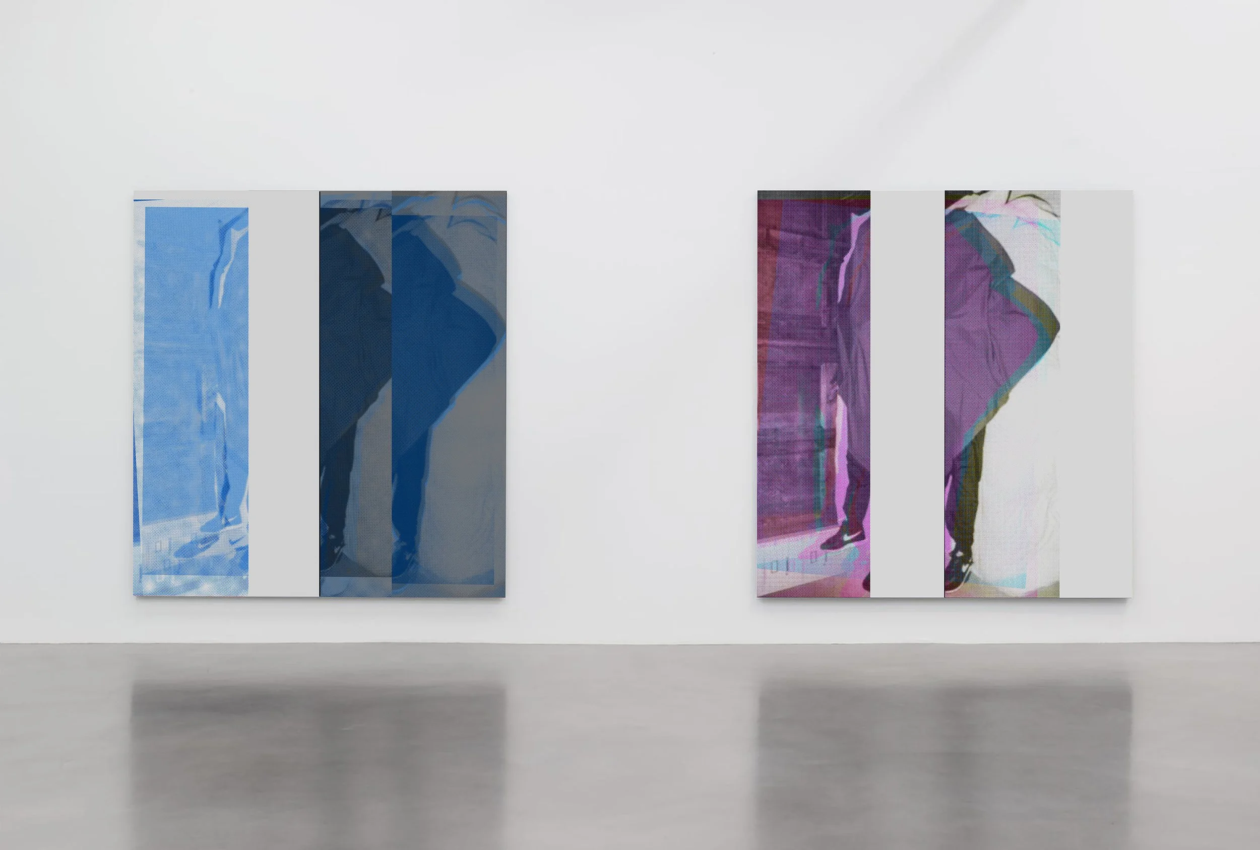 Two abstract paintings on a white gallery wall, each showing distorted human figures with bright, colorful overlays.