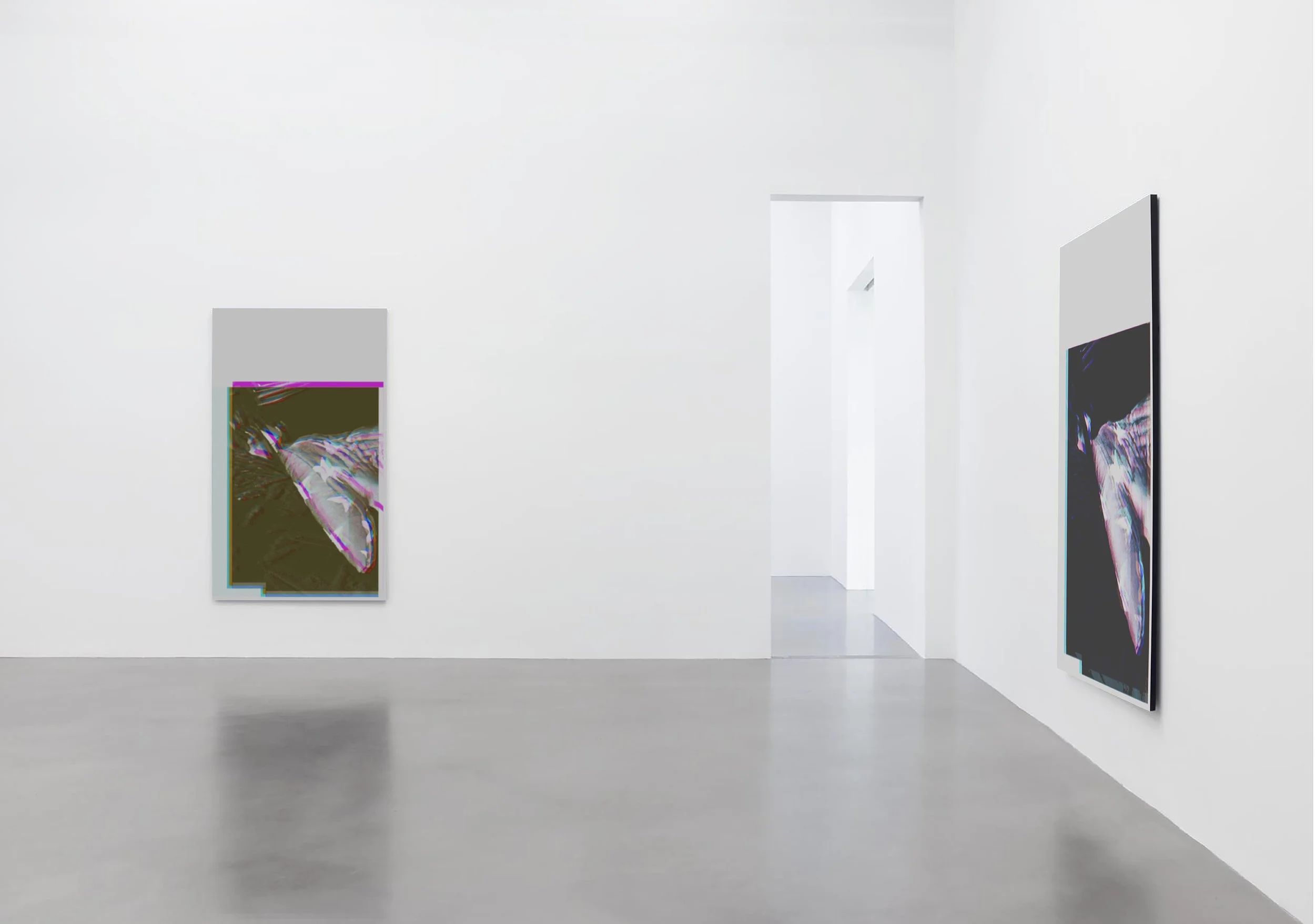 Contemporary art gallery with white walls, two digital art displays, one on each wall, showcasing glitch art with abstract distorted images, and a doorway in the background.