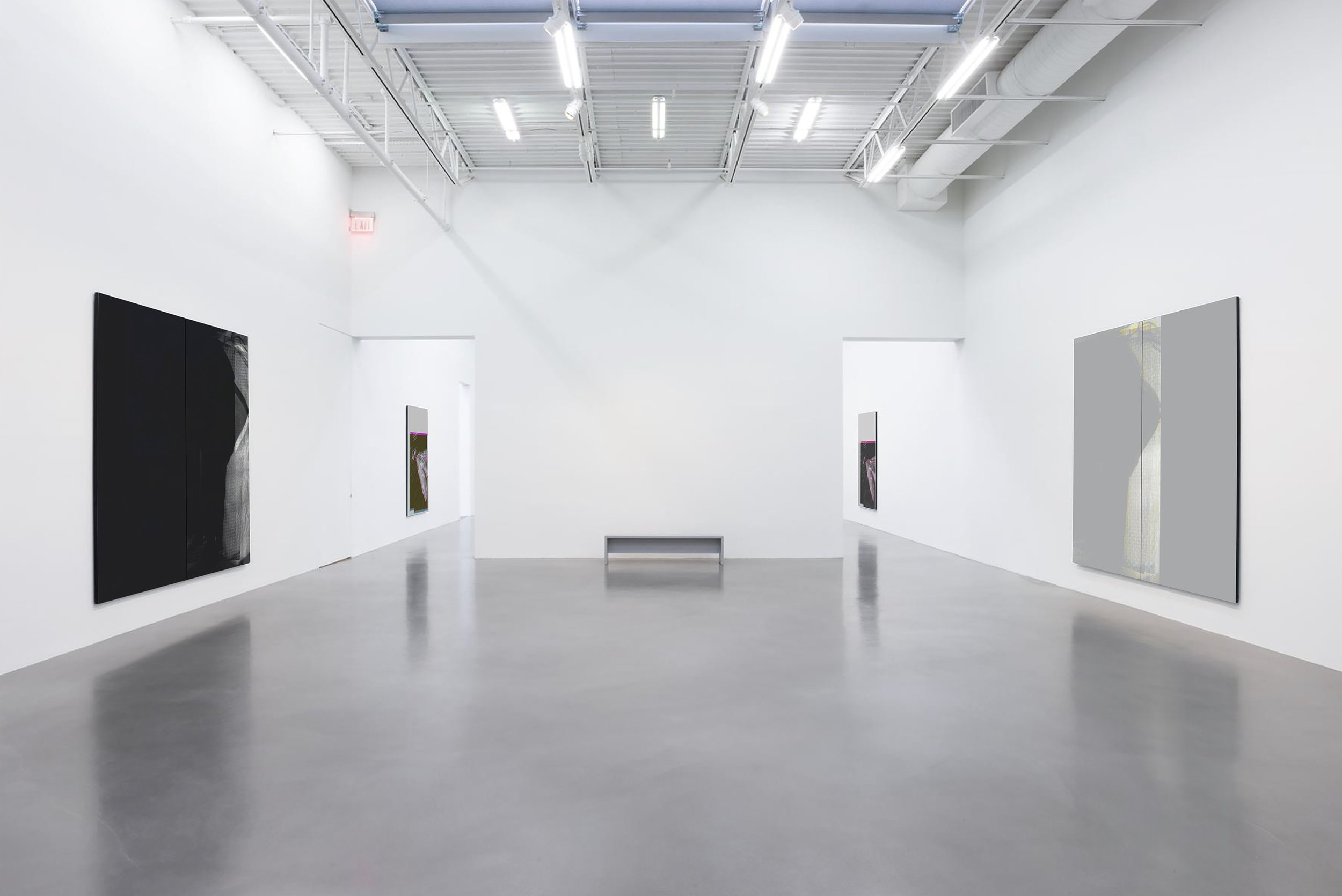 Empty art gallery with white walls, concrete floor, various modern paintings, and industrial ceiling with lighting.