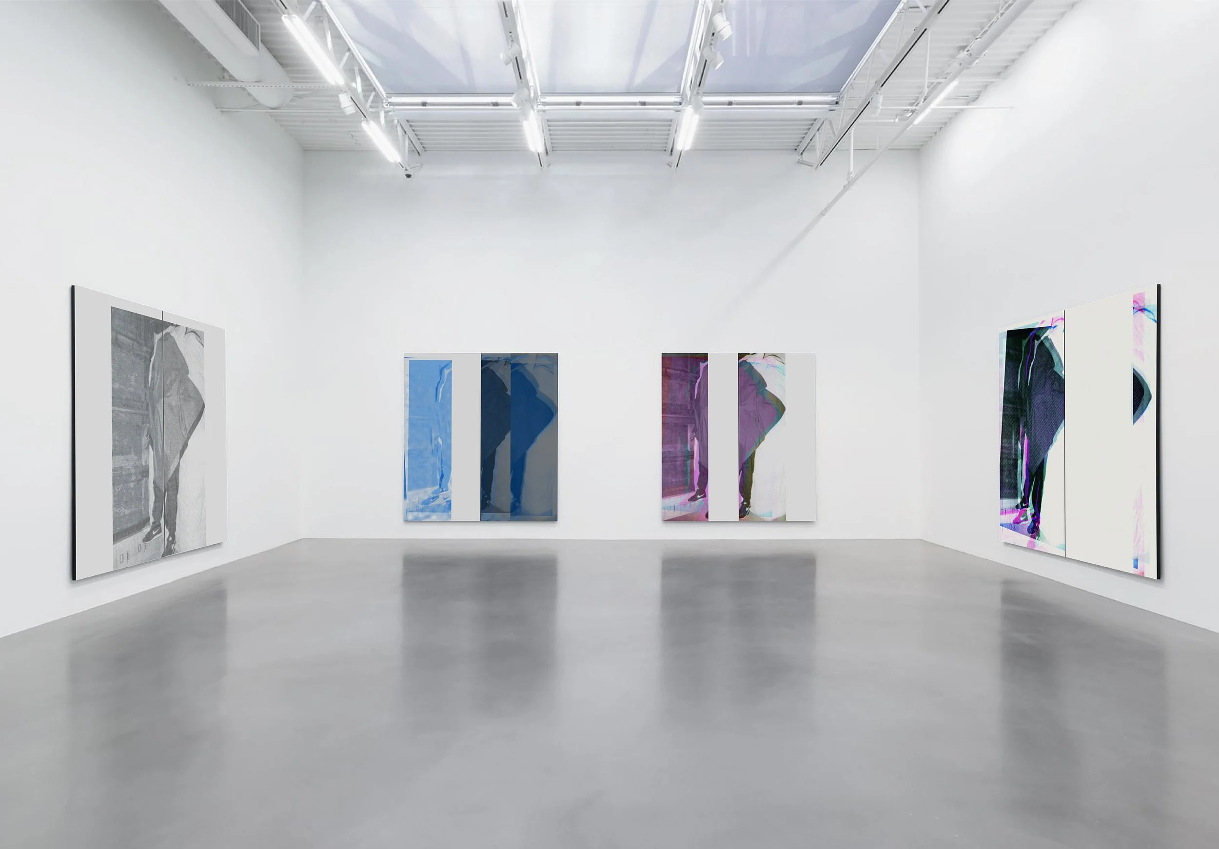 Contemporary art gallery with four large abstract paintings on white walls, a gray polished concrete floor, and a glass ceiling that allows natural light in.