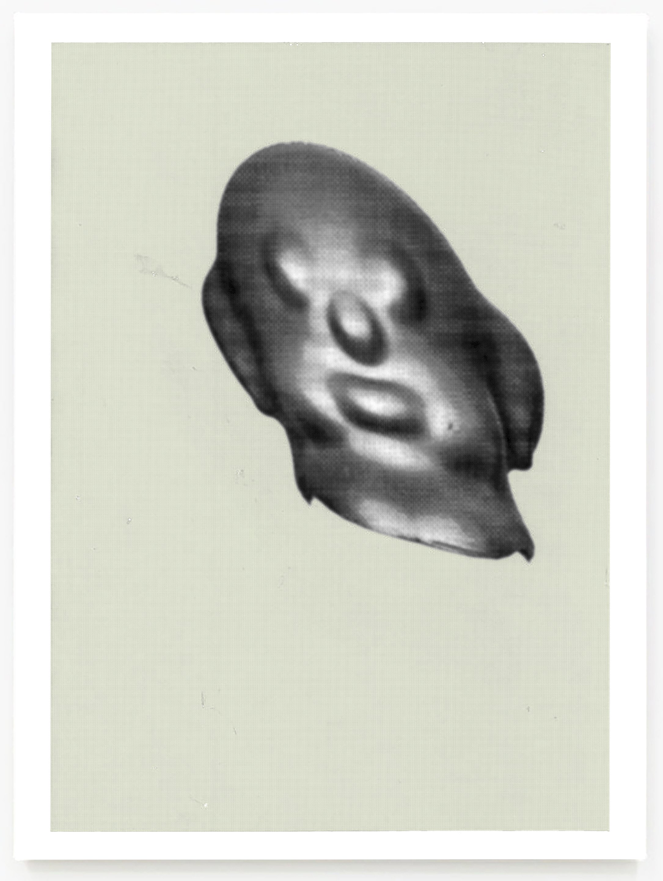 Black and white abstract sculpture of a human face with closed eyes, slightly tilted head, and smooth features.