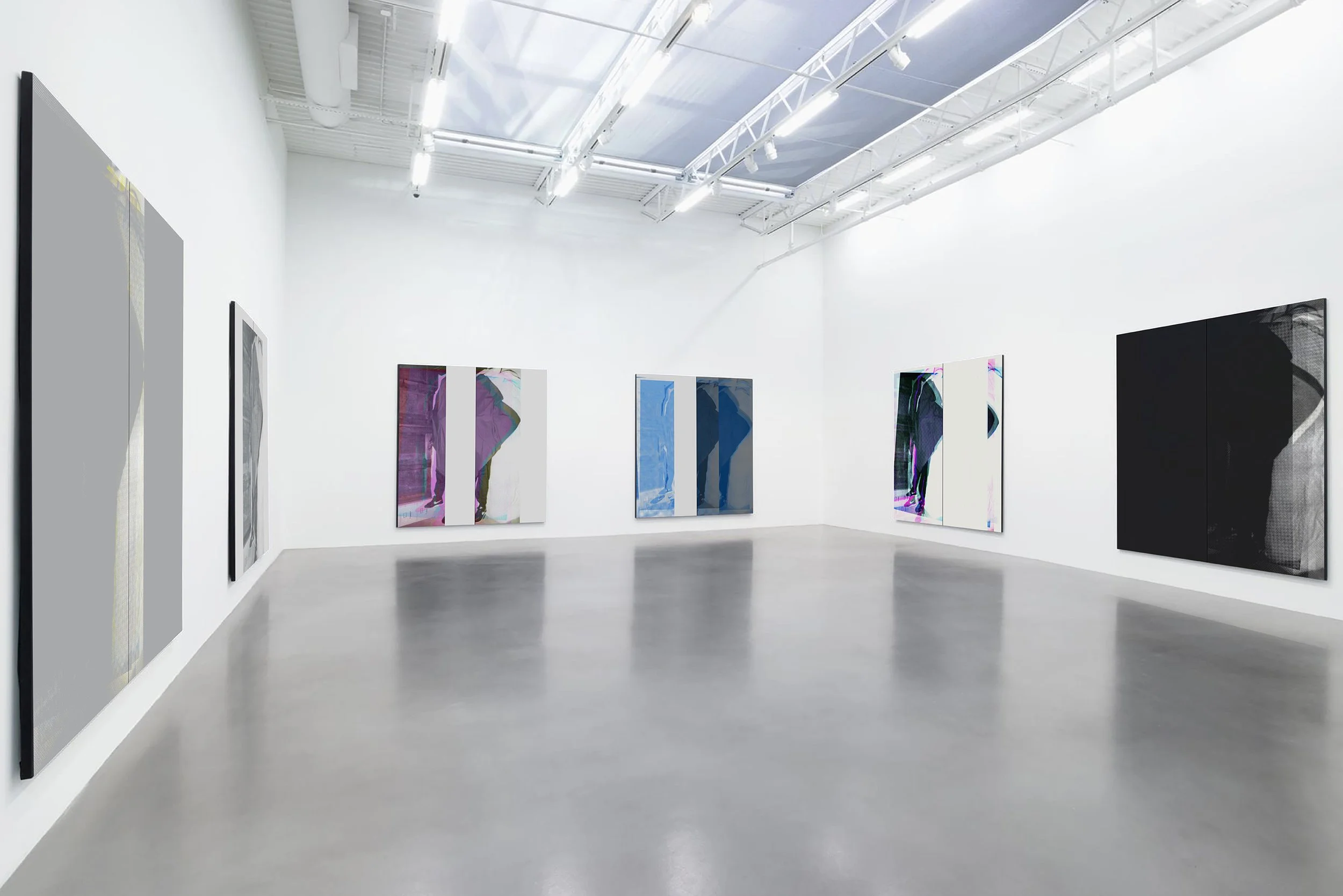 Contemporary art gallery with white walls, featuring several colorful abstract paintings with vertical patterns, displayed in black frames on the walls. The gallery has a polished concrete floor and a ceiling with metal track lighting and a skylight.