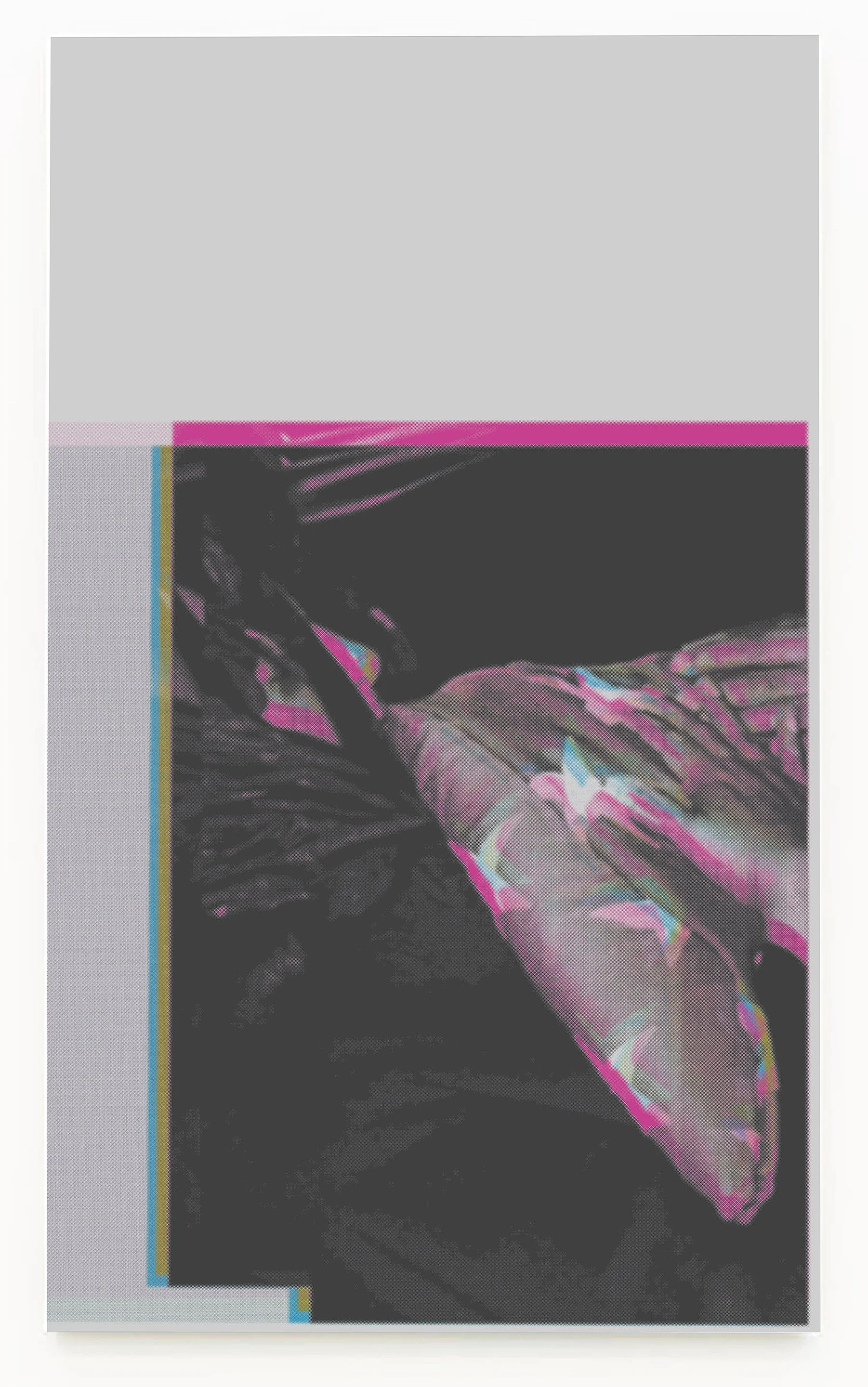 Colorful abstract artwork in a plastic sleeve, featuring swirling pink, beige, blue, and black patterns.