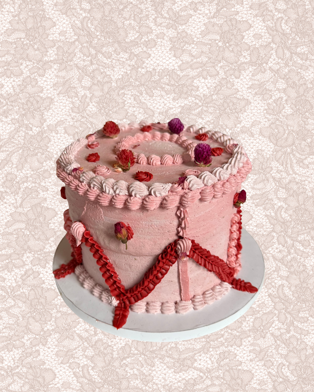 vanilla cardamom chiffon + strawberry bavarian cream + strawberry-rose-hibiscus swiss meringue buttercream