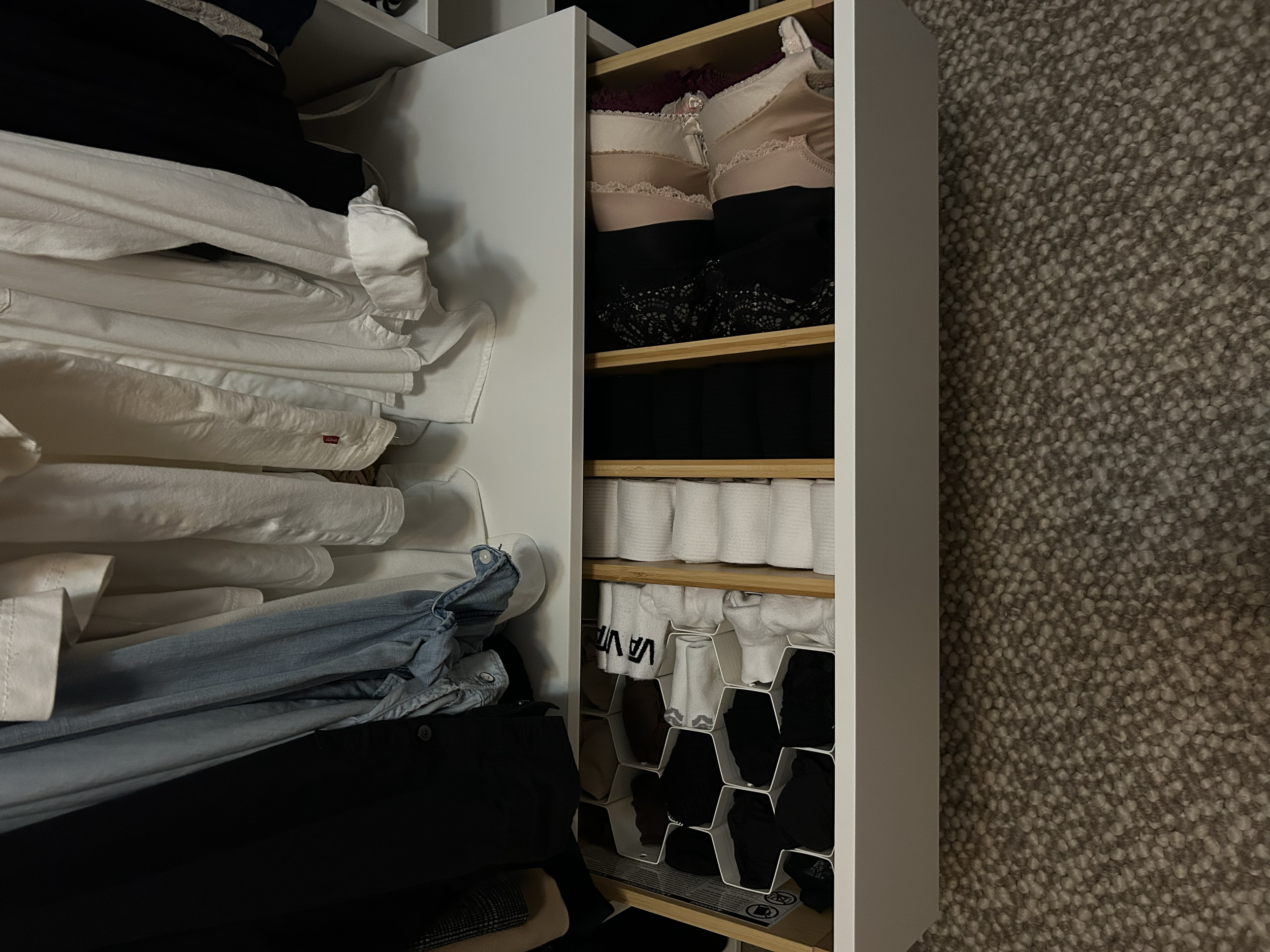 A closet with neatly organized clothing and accessories, including hanging shirts, folded items on shelves, and bras on the top shelf.