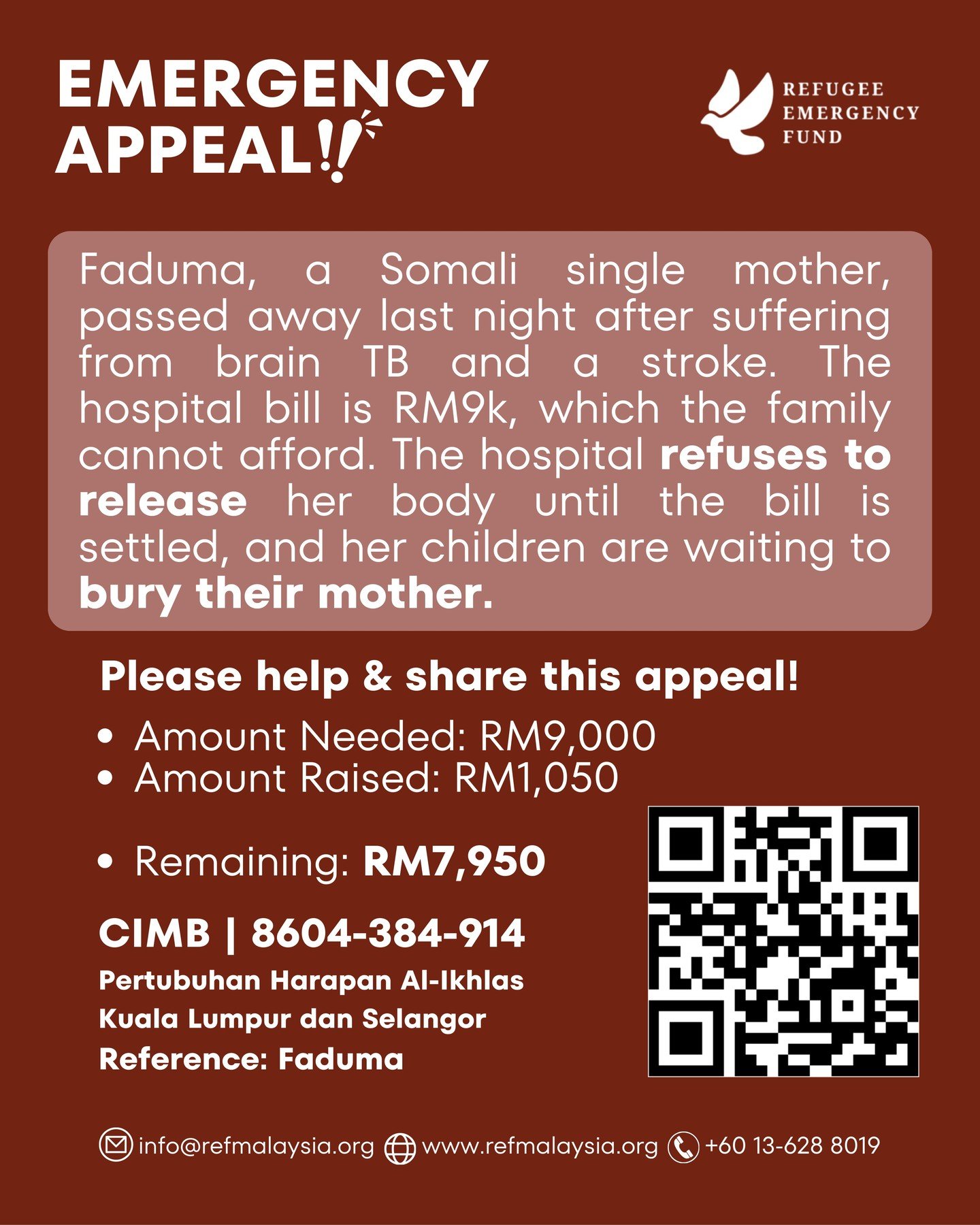 (Appeal Closed)

Friends, we urgently need your help. A Somali single mother from our community, Faduma, passed away last night after suffering from brain TB and a stroke. She leaves behind six children, the youngest only 15 years old.

The hospital 