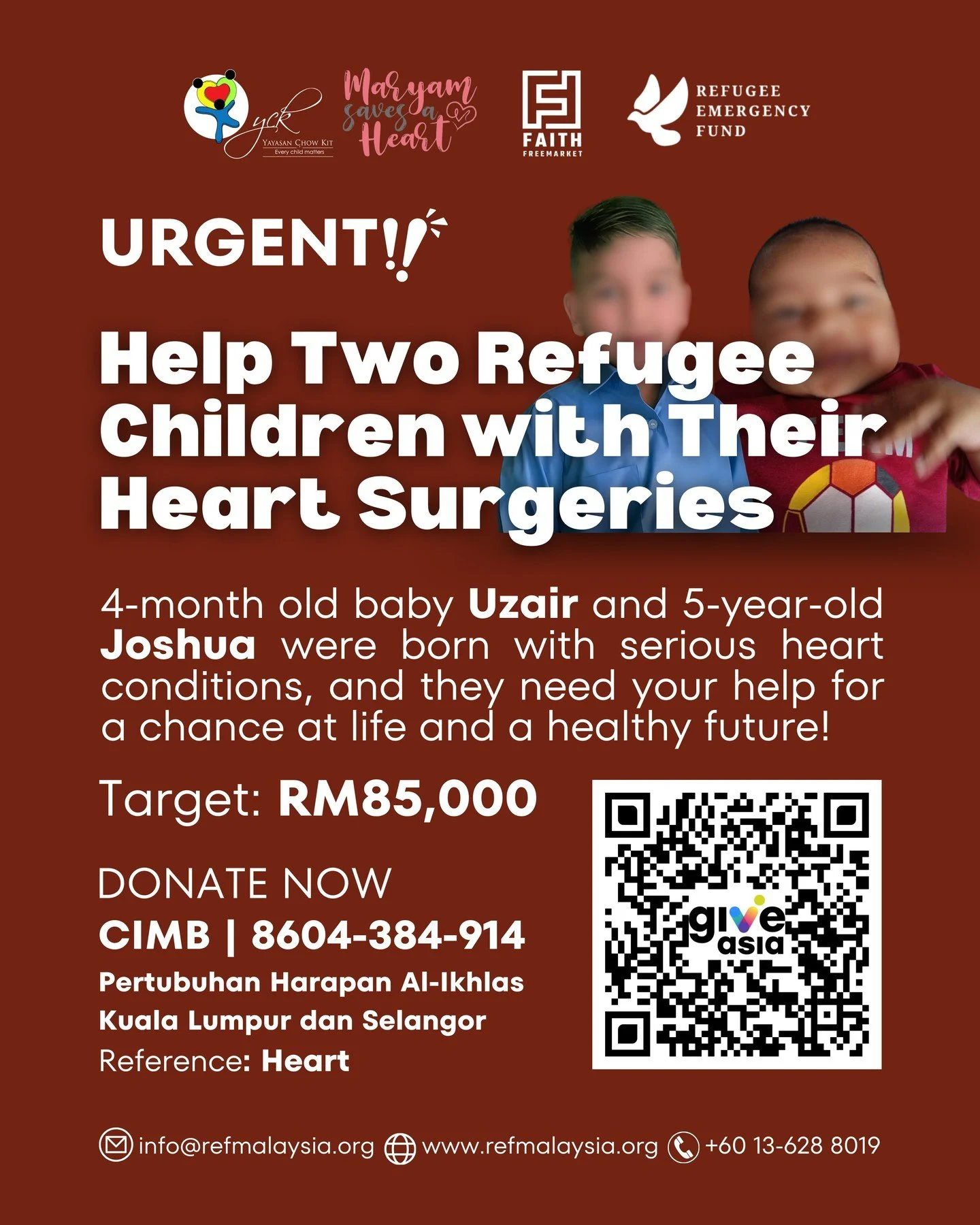 Urgent Appeal❗

We are raising funds for two refugee children who urgently need heart surgeries and treatment at IJN.

1️⃣ Baby Uzair is only 4 months old and was born with Tetralogy of Fallot, a serious congenital heart condition. He requires correc