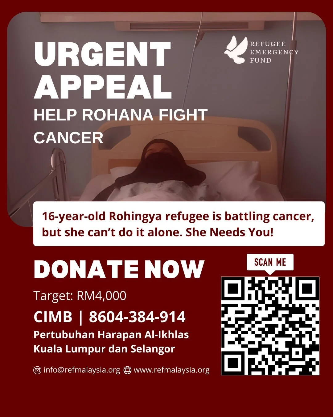URGENT APPEAL FOR ROHANA 

This morning, a 16-year-old Rohingya girl, R, was admitted for emergency surgery to remove a large ovarian tumour. Her abdomen has been swelling for 7 months, but her family couldn&rsquo;t afford medical care. Now she is st