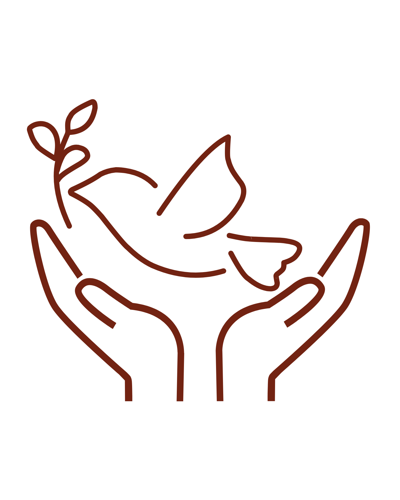 Outline illustration of two hands holding a small plant with leaves and a flower.