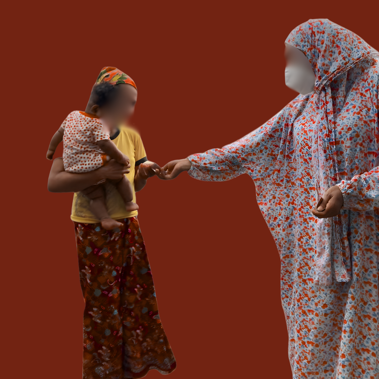 A person holding a child in their arms while another person, wearing a hooded jacket, hands a small object to the child. The background is solid brown.