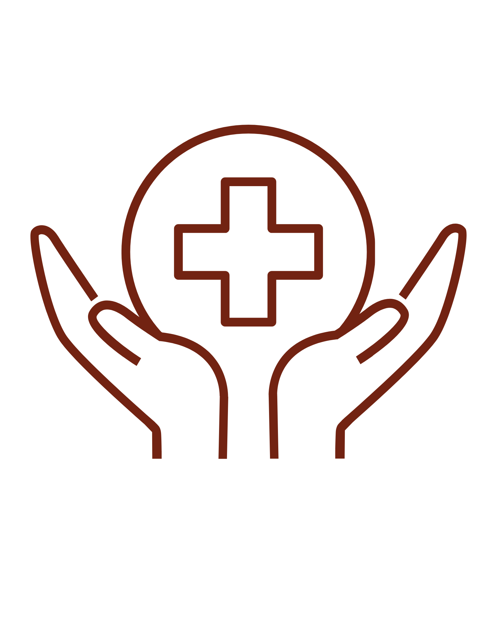 Outline of two hands holding a sphere with a medical cross symbol inside.
