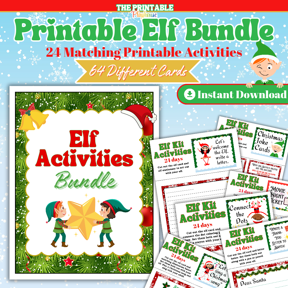 Elf Activities Bundle | 24 Days of Elf Printable Cards & Matching Activities | Elf Kit Printables for Kids | Christmas Elf Ideas