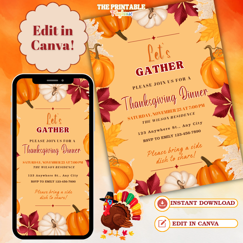Editable Thanksgiving Dinner Invitation Template | Let’s Gather Fall Party Invite | Canva Editable | Printable Thanksgiving Invite