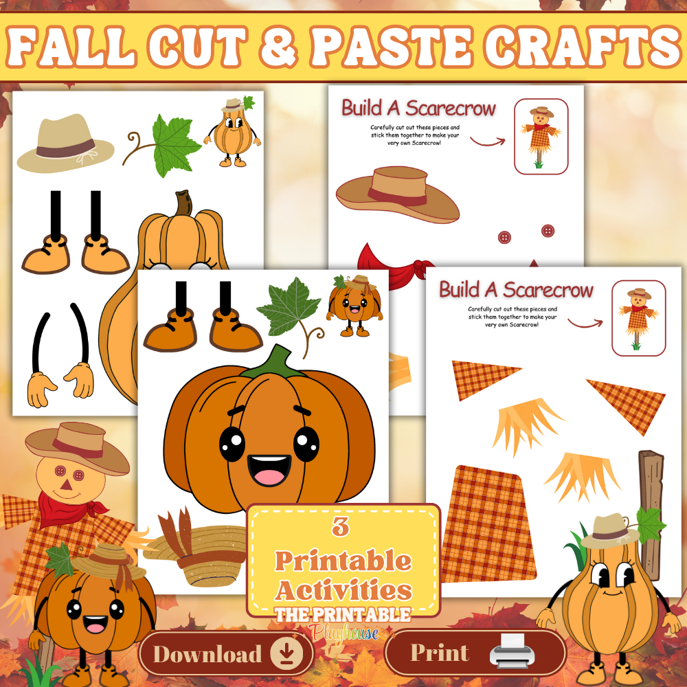 Fall Cut & Paste Crafts for Kids – Pumpkin & Scarecrow Printables