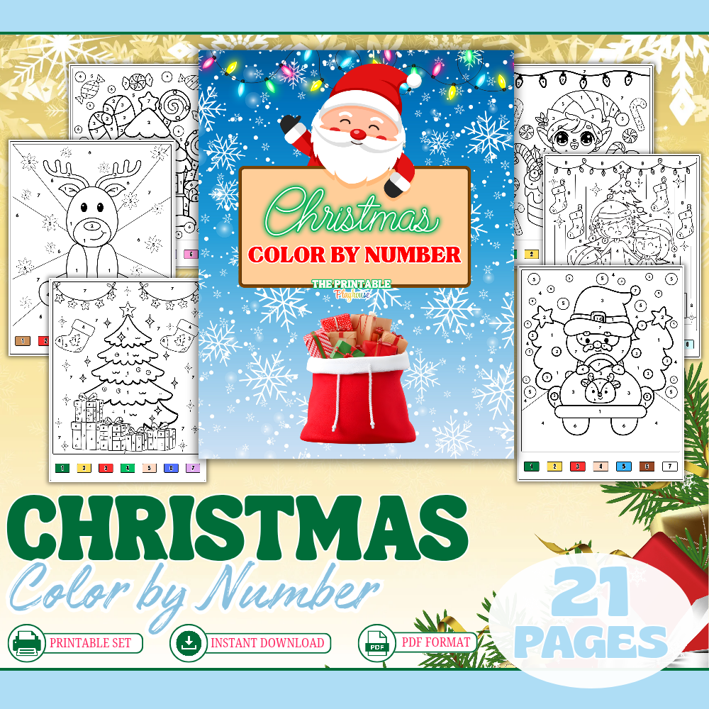 Christmas Color by Number | 21 Printable Coloring Pages | Holiday Kids Activity