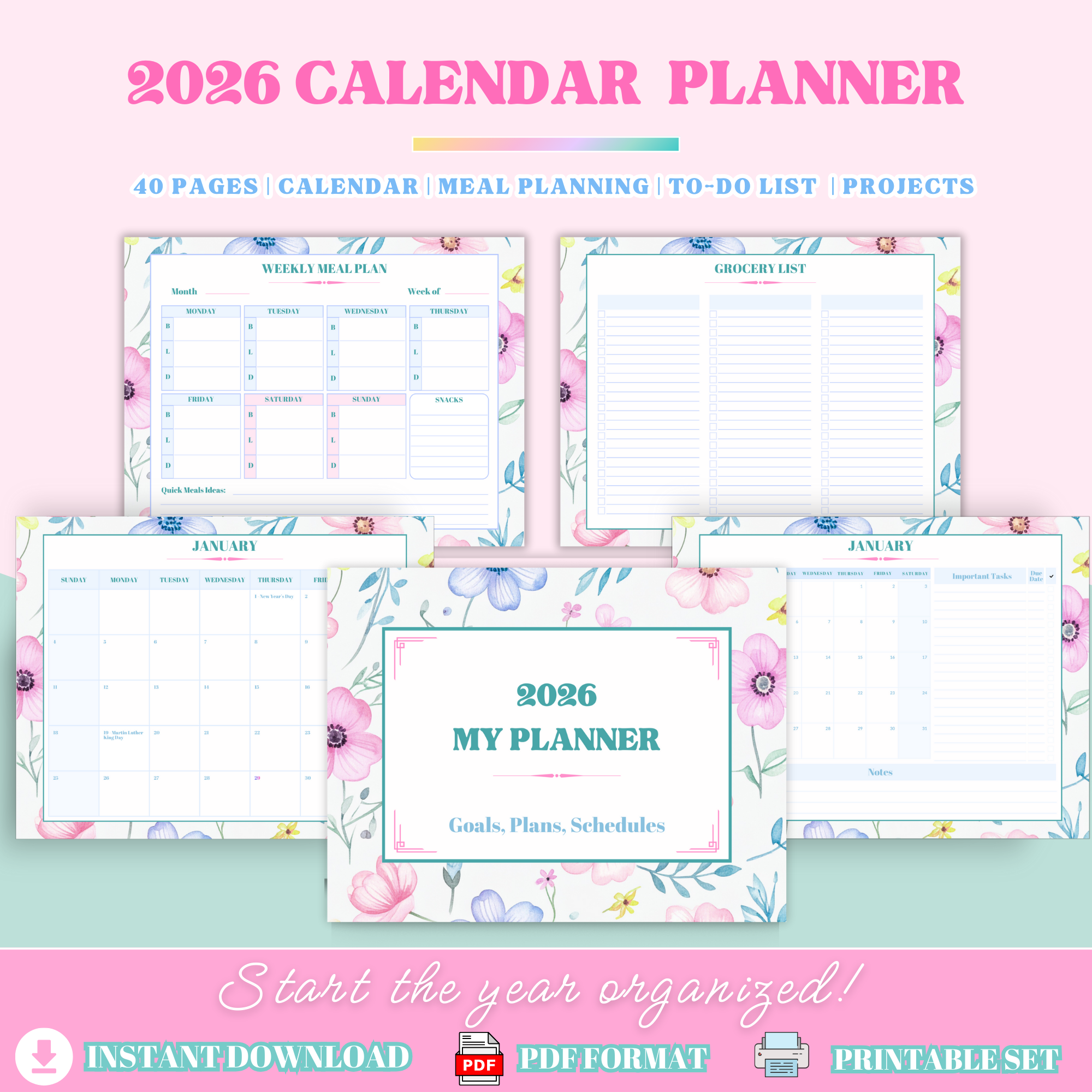 2026 Calendar Planner | Printable Planner with Meal Planning & To-Do Lists