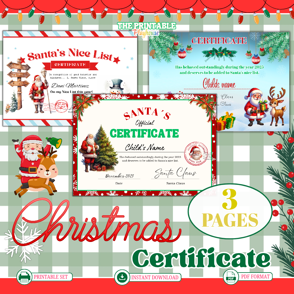 Christmas Nice List Certificate Bundle – Santa Certificate Printable Set (3 Pages) • Editable Santa’s Nice List Award • Holiday Kids Certificate