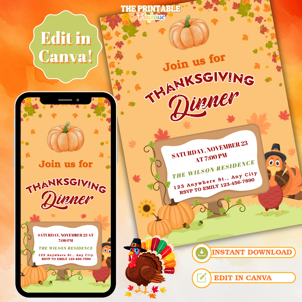 Editable Thanksgiving Dinner Invitation | Printable Fall Party Invite | Join Us for Thanksgiving Template | Canva Instant Download
