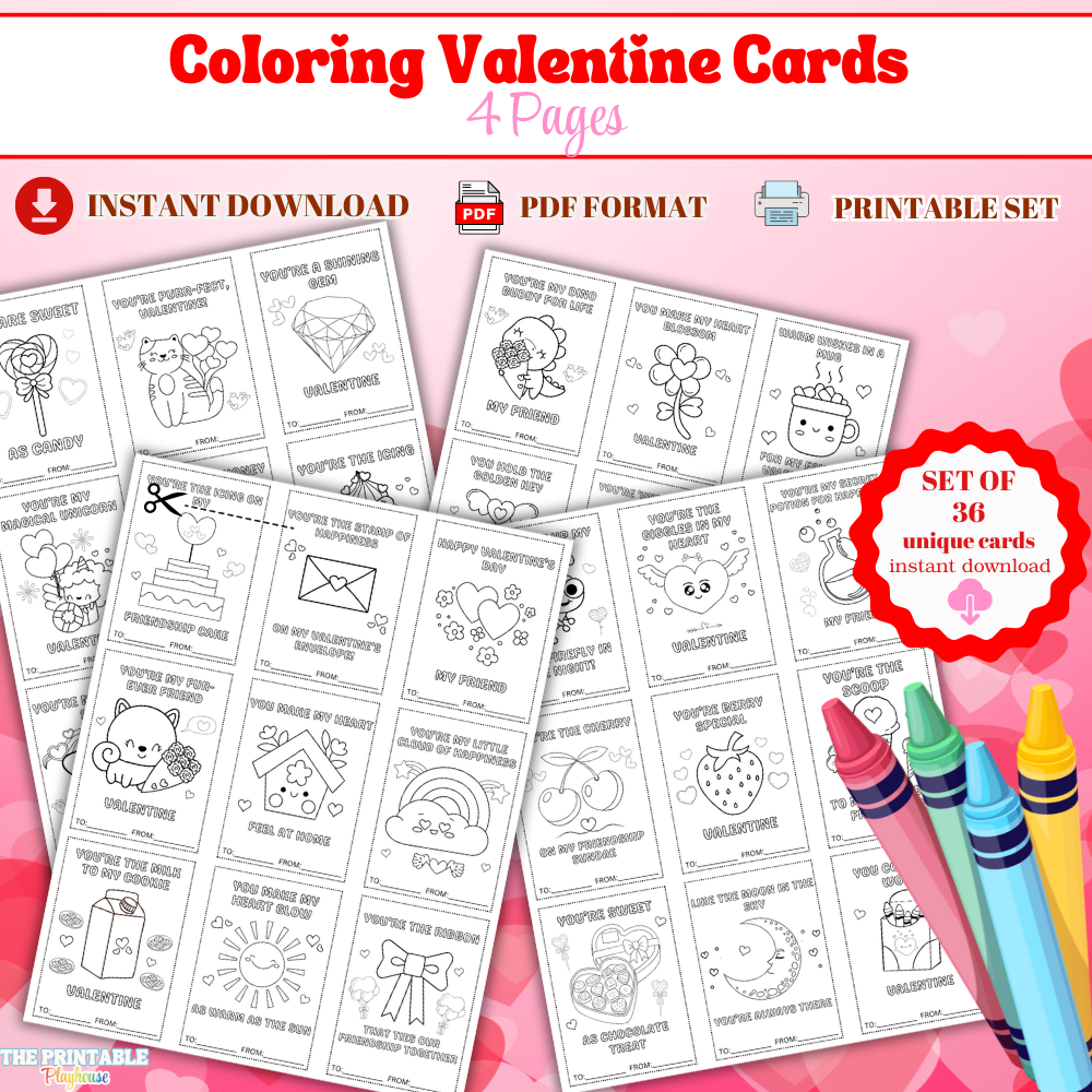 Coloring Valentine's Cards | Printable Valentine's Cards for Kids | PDF Download