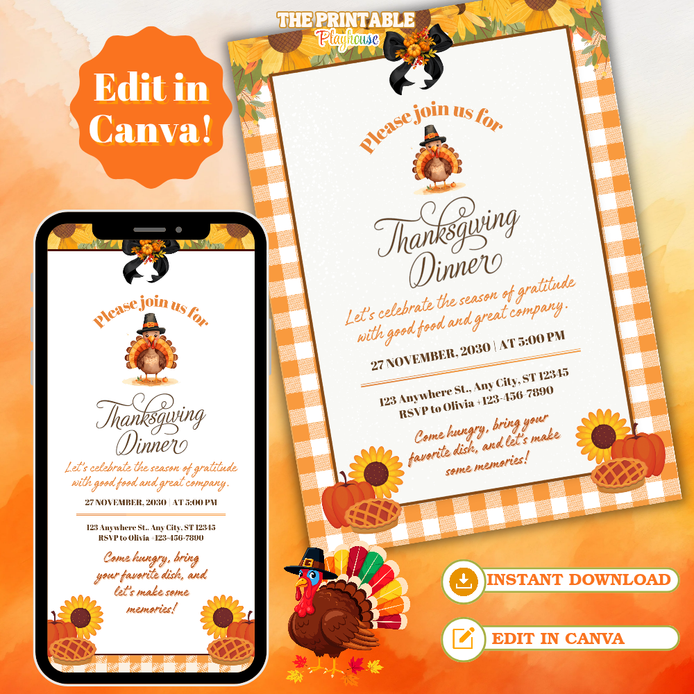 Editable Thanksgiving Dinner Invitation | Printable Fall Party Invite | Thanksgiving Invite Template | Canva Instant Download (Copy)