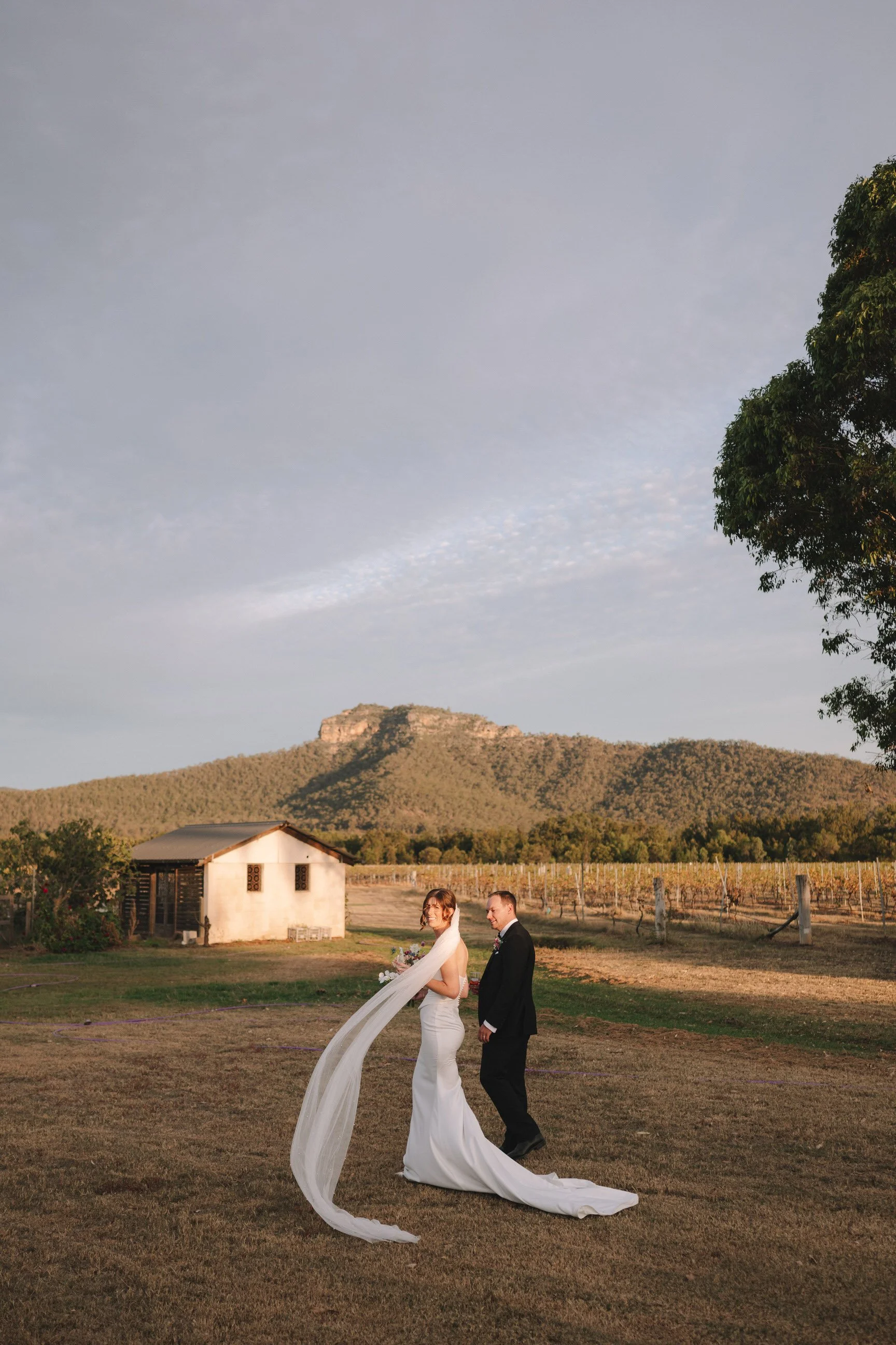 Wedding couple outdoors in a rural landscape with a mountain in the background, a small building, and vineyard rows; the bride is smiling, holding a bouquet, with her veil flowing, and the groom is smiling, dressed in a suit.