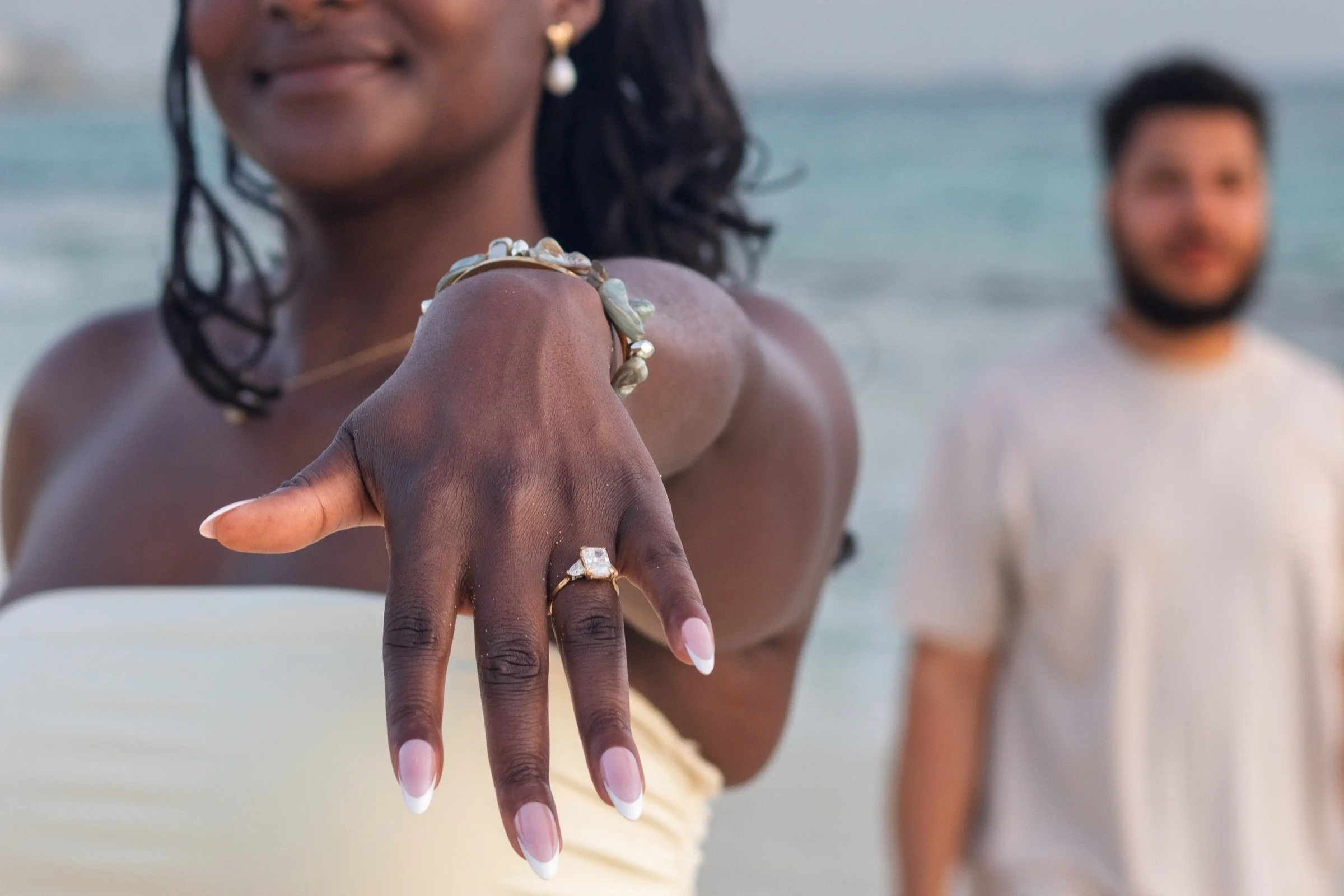 A close view of the engagement ring after a sunset proposal in Grand Cayman.