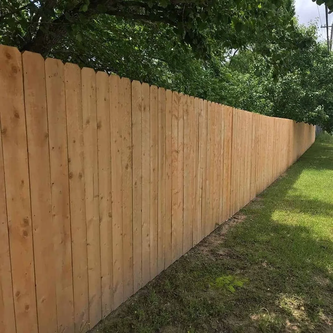 New wooden privacy fence with vertical planks on a grassy lawn, with trees overhead.