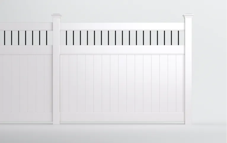 White vinyl privacy fence panel with solid flat top design installed in a backyard – Straight Fence Co. Maine vinyl fence styles