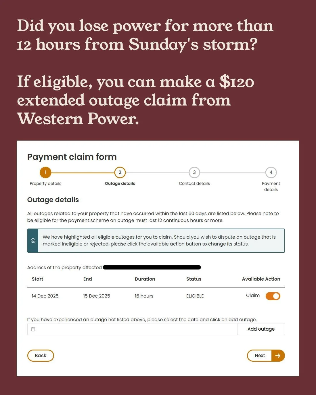 ⚡ MAKING AN EXTENDED OUTAGE CLAIM ⚡

Did you experience an extended outage over the last day or so due to Sunday afternoon's storm? If your power was out for longer than 12 hours and if it has now been restored, you will be able to commence the exten