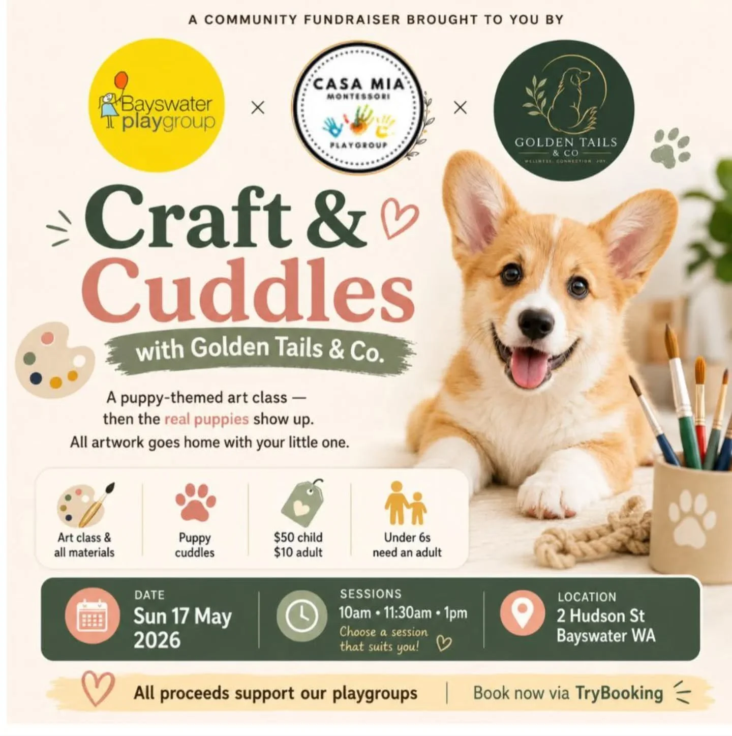 PLAYGROUP PUPPY FUNDRAISER 🐶 LINK IN BIO

A puppy-themed art class, with real puppies - and all for a good cause?

@casamiaplaygroup and Bayswater Playgroup are holding a community fundraiser with @goldentailsandco to help them continuing to support