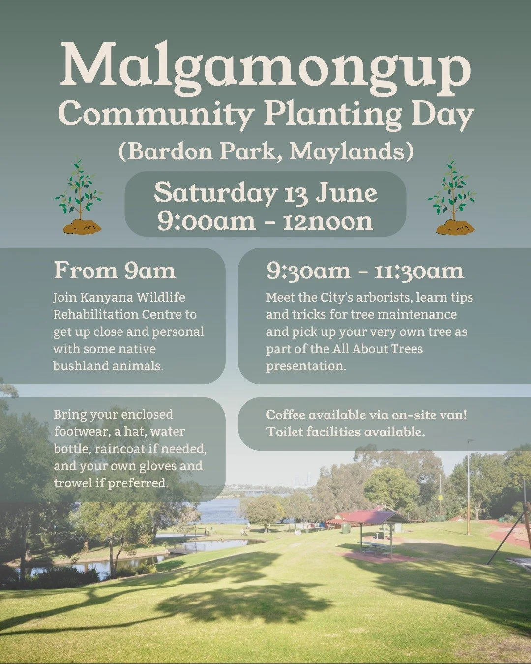 🌱 MALGAMONGUP COMMUNITY PLANING DAY 🌱

Tomorrow morning, join the Bardon Park Malgamongup Friends Group and the @cityofbayswater for the Community Planting Day at Malgamongup (Bardon Park) in Maylands. Bring your gloves and trowel and be a part of 