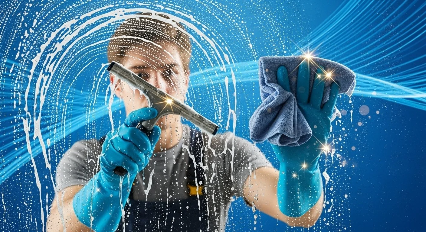 A person wearing blue gloves is cleaning a glass window with a squeegee and a cloth, creating a sparkling and streak-free surface.