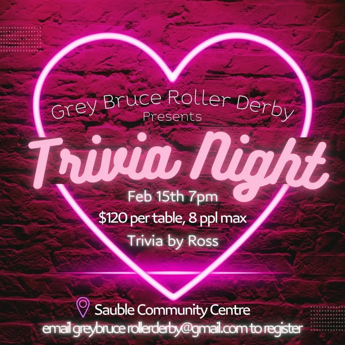 The perfect Valentines activity is obviously Trivia Night with 7 of your closest friends! Plus a cash bar, pizza dinner, raffle table, and the warm fuzzy feeling of supporting your local Roller Derby League! Register asap, space is limited! 
Image Ca