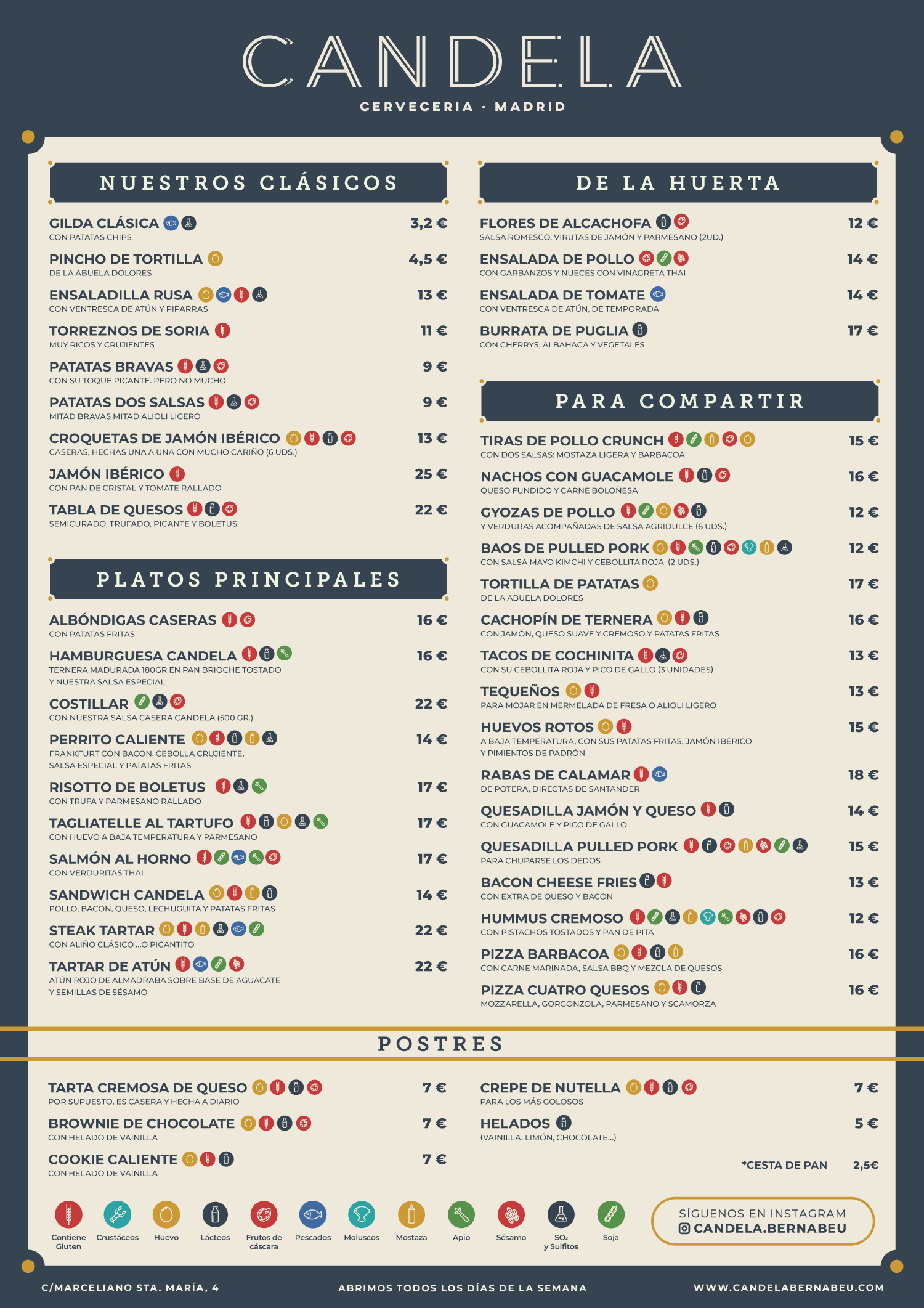Carta con los platos del restaurantes Candela