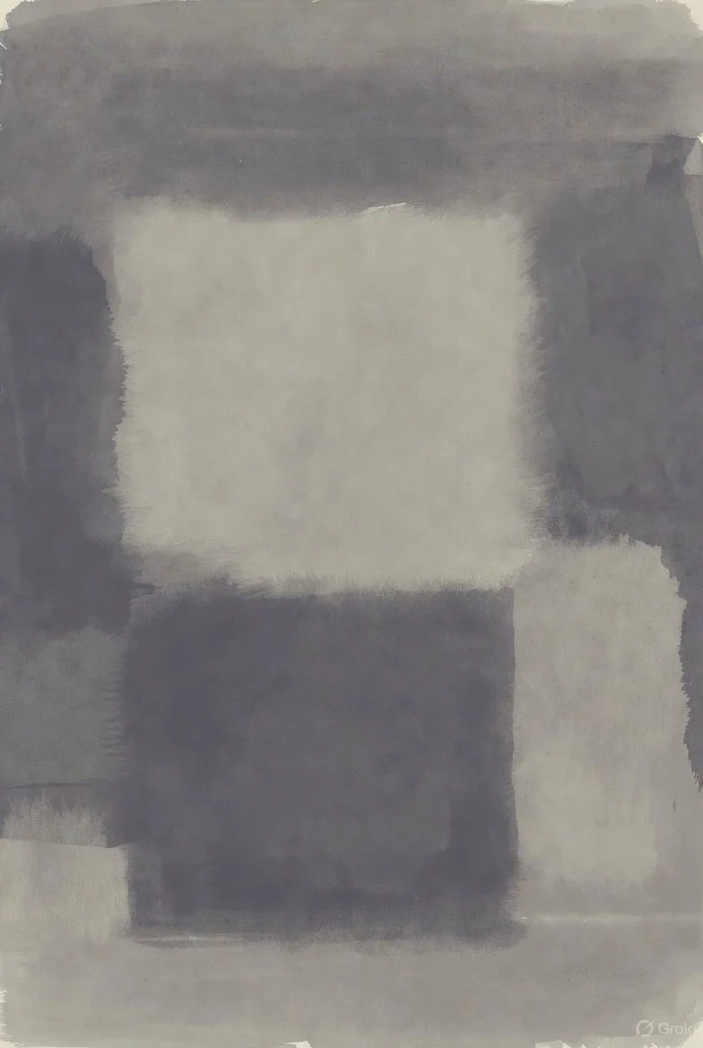 Abstract watercolor painting with various shades of gray, black, and white in geometric shapes.