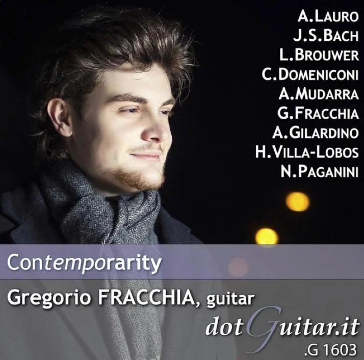 Portrait of a young man with brown hair, wearing a dark coat and scarf, against a dark background with blurred yellow lights, alongside text listing composers and descriptions of a guitar performer and website.